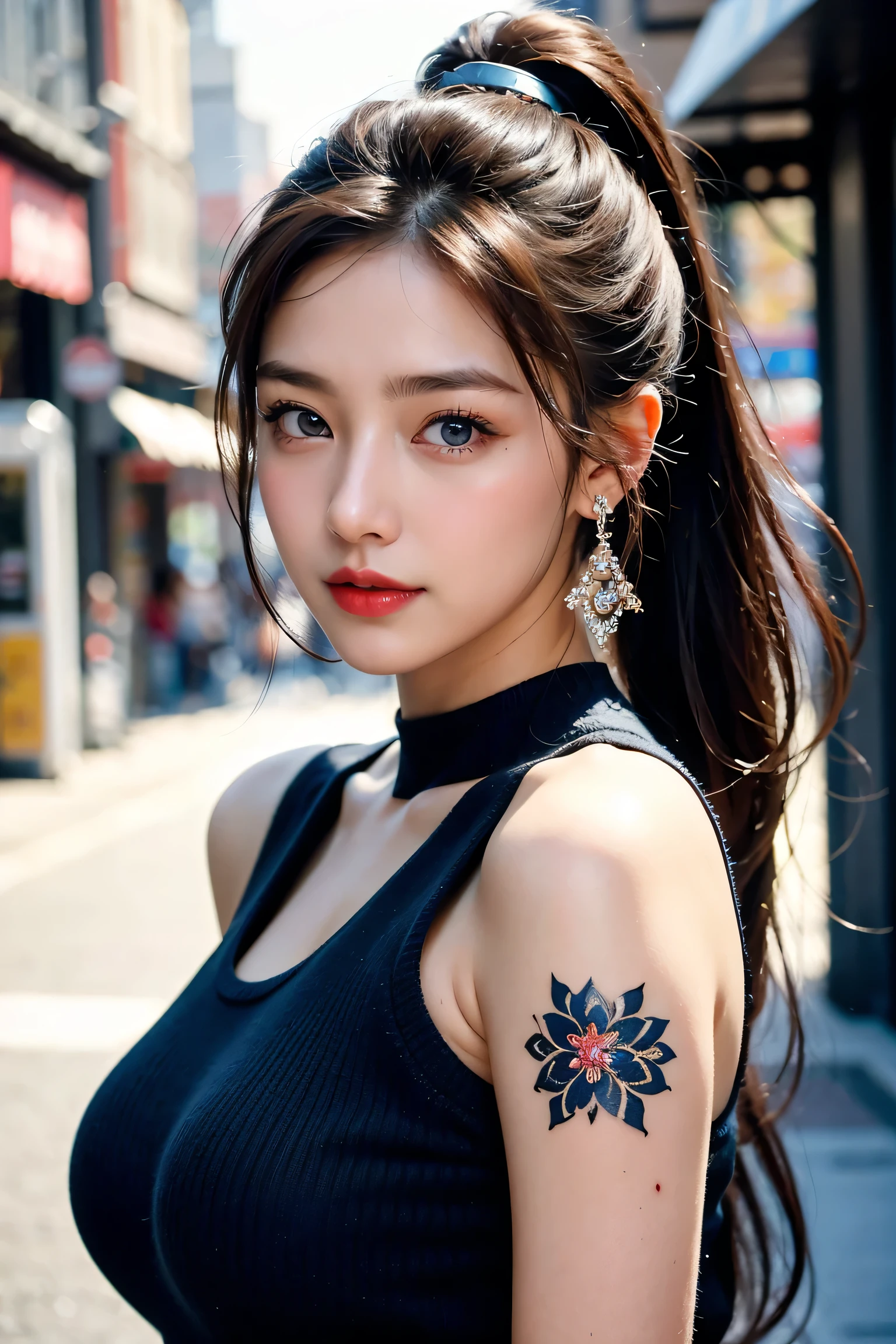 Urban beautiful girl college student, masterpiece, light makeup, Red lips, Silver Hair, Disheveled long hair, Street background, beautiful, elegant. Extremely fine detail, Master Works, Authentic texture, Realism in film lighting, Perfect job, 16k, High resolution, exquisite features,blue eyes、Japanese Idols、Beautiful face、Cute Smile、Brown Hair、beautiful hair、ponytail、glamorous、 Big Breasts、Erect nipples、Greasy muscles、Shiny skin、Sunburned skin、Glowing dark skin、Sexy knitted sweaters, Bright big eyes, Smooth Skin, Earrings, necklace, tattoo