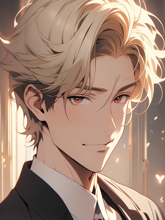 Solo, anime drawing of a man with blonde hair and red eyes, clean anime outlines, praying posture, side part bangs, medium hair length, anime portrait of a handsome man, male anime style, smirk facial