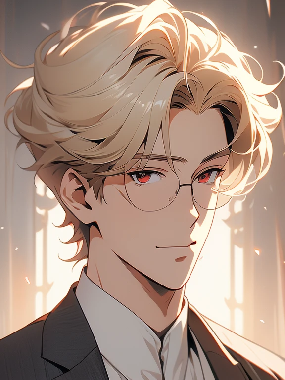 Solo, anime drawing of a man with blonde hair and red eyes, clean anime outlines, praying posture, side part bangs, medium hair length, anime portrait of a handsome man, male anime style, smirk facial