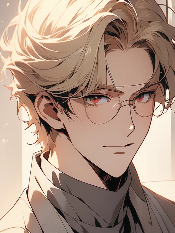 Solo, anime drawing of a man with blonde hair and red eyes, clean anime outlines, praying posture, side part bangs, medium hair length, anime portrait of a handsome man, male anime style, smirk facial