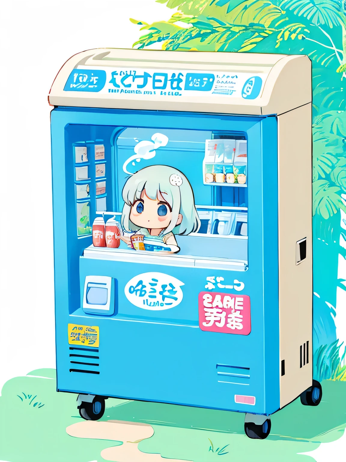 Hayao Miyazaki style, Kawaii Design, The most beautiful girl of all time、Chibi, drinking calpis、vending machine