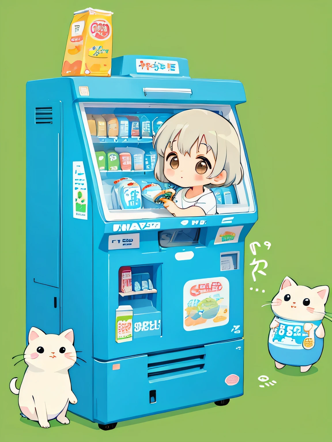 Hayao Miyazaki style, Kawaii Design, The most beautiful girl of all time、Chibi, drinking calpis、vending machine