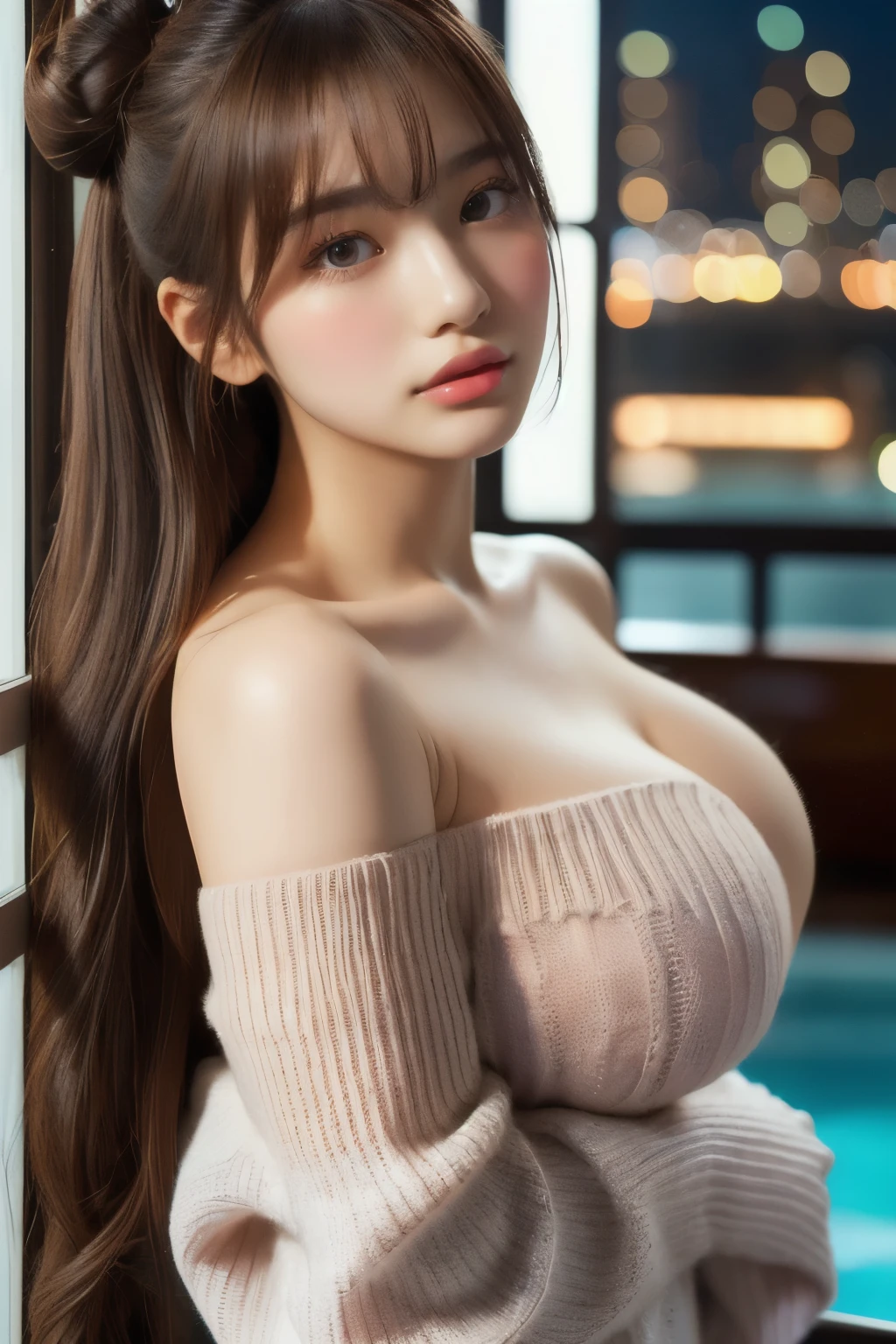 Very detailed、masterpiece、highest quality、Ultra-high resolution energy A、8K High Resolution、Photogenic transparency、Detailed eはい、Gradation、Perfect anatomical figure , Nikon Z9 80mm Lens, short hairの美しい女の子, Hair and light eyes, Vibrant, Colorful lights and bokeh. The lighting casts a warm glow on her face and hair......, Blue glow, Water surface reflection, Creates a dreamy and magical atmosphere、(Hotel Rooms、Blurred night view of a big city from a window:1.8)、break (Tight brown knit sweater、Off the shoulder、No neck:1.8)、(Big Breasts、Beautiful feet:1.8)、(Smile、Brown Hair、short hair、Hair Bun、bangsが揃っている、Trendy Korean Makeup:1.4), Scapula, Glowing Lips,Genuine, bangs, (Golden ratio face、plump lower lip、Pink blush on cheeks、Pink Lips:1.2)