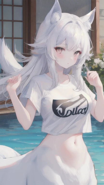(best quality, masterpiece), 1 girl, centaur, It takes, White skin,belly button t-shirt, 아름다운 소녀 perfect wolf photo, perfect wolf photo
