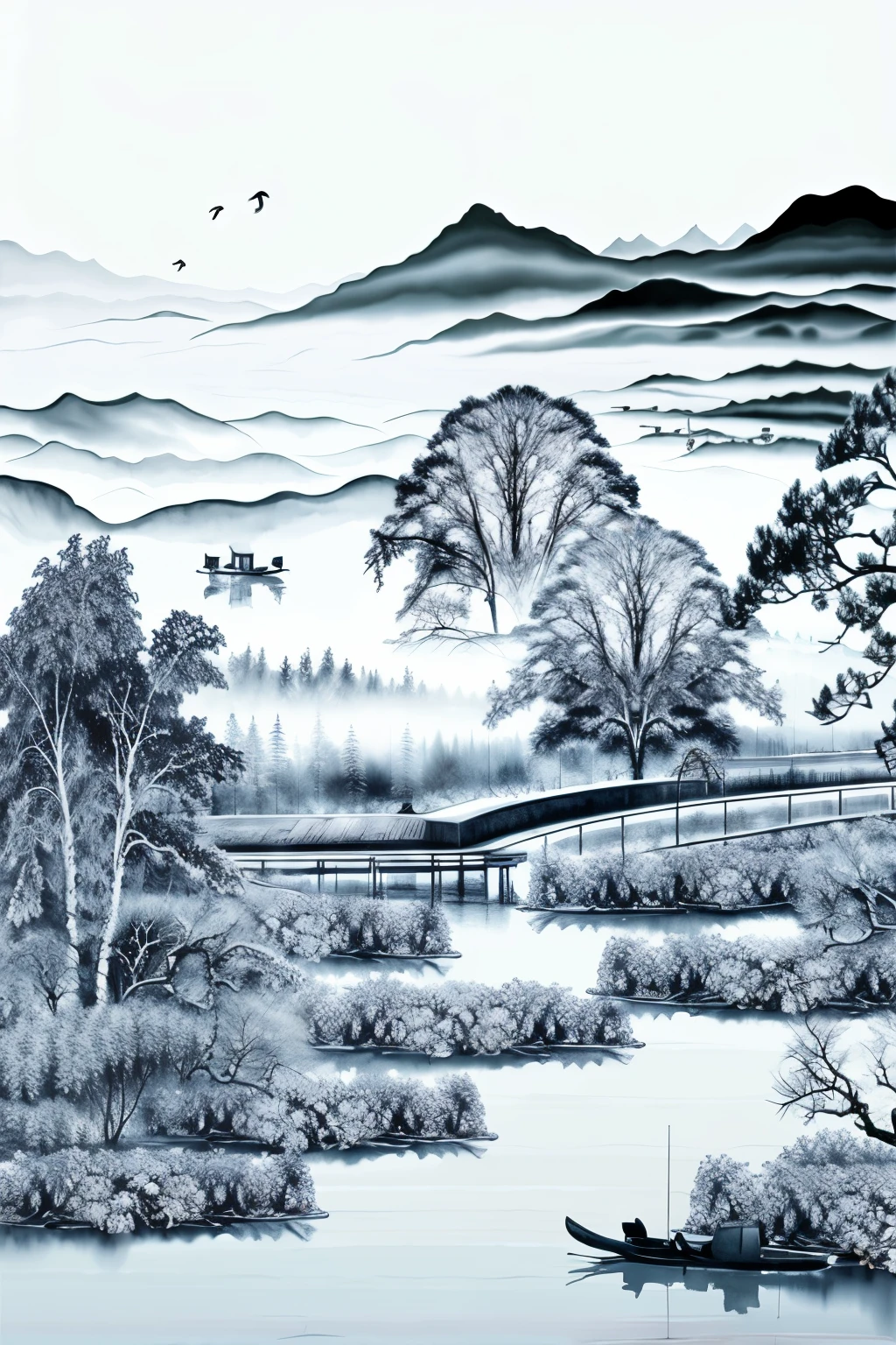 QIEMANCN,chinese painting,chinese style,a painting of a city with a bridge and a river in the middle of it,