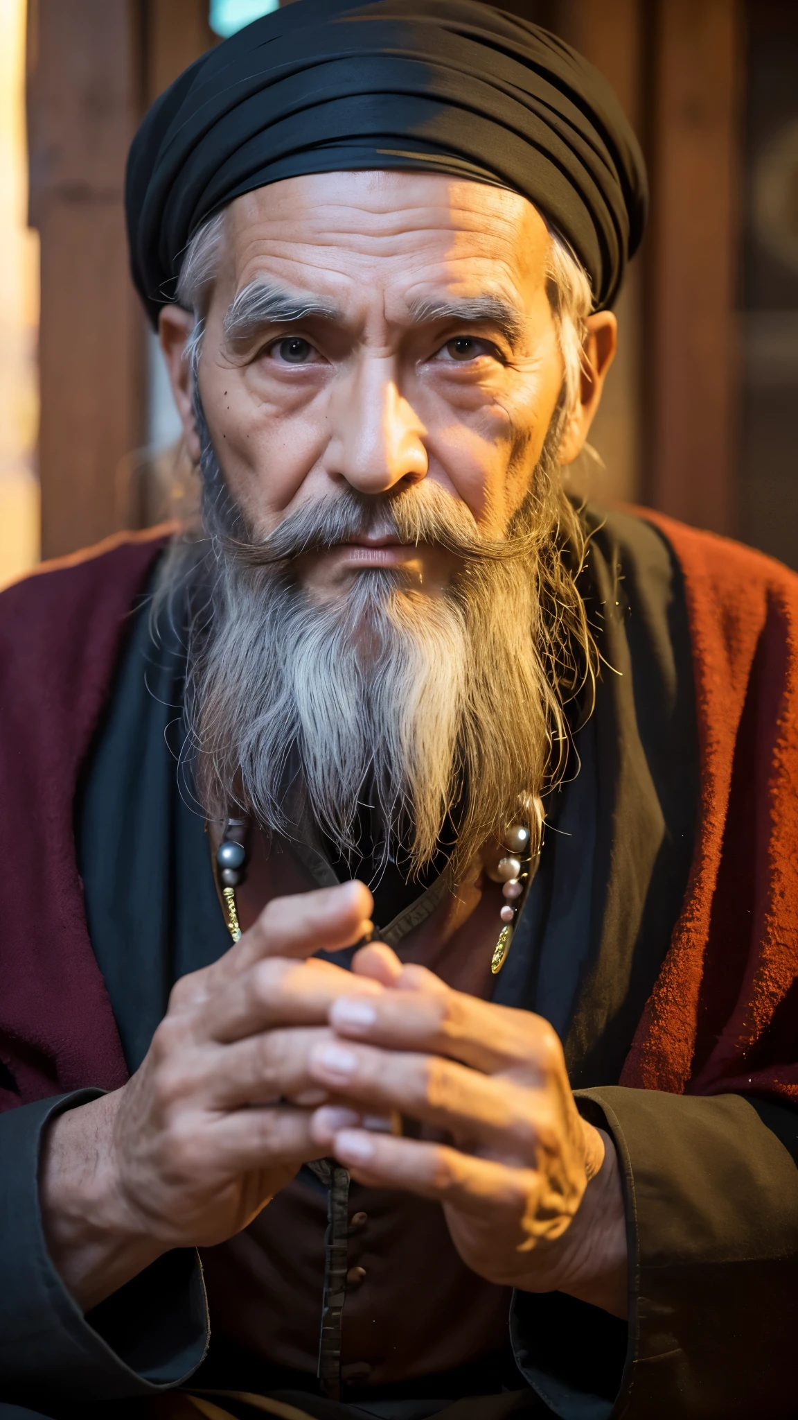 The gay fortune teller is of medium build、A suspicious old man with a beard on his chin