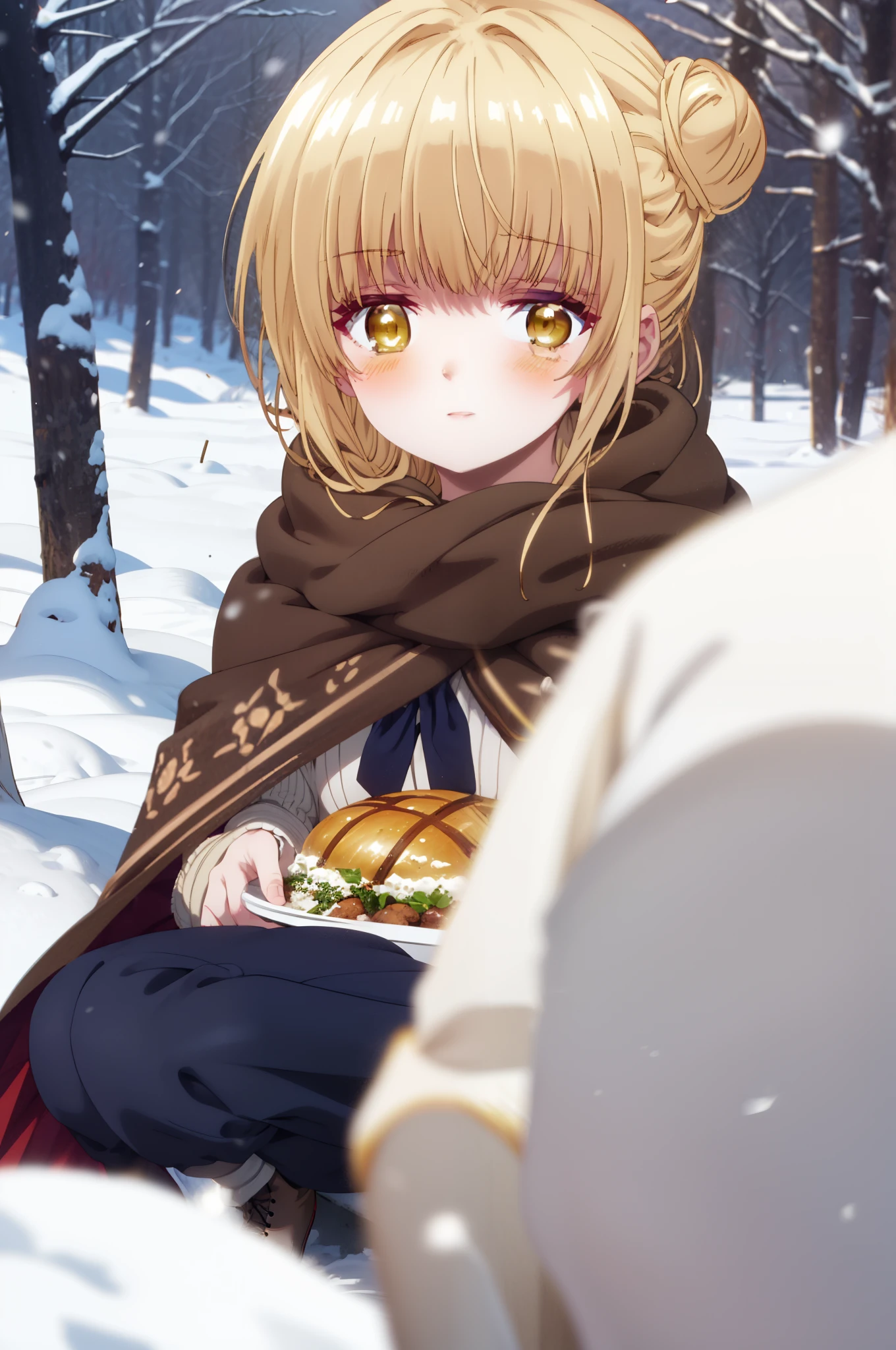 This is Mahirshina, Mahiru shiina, blonde, (Brown eyes:1.7), Long Hair, happy smile, smile, Open your mouth,Hair Bun, single Hair Bun,blush,White Breath,
Open your mouth,snow,Ground bonfire, Outdoor, boots, snowing, From the side, wood, suitcase, Cape, Blurred, Increase your meals, forest, White handbag, nature,  Squat, Mouth closed, フードed Cape, winter, Written boundary depth, Black shoes, red Cape break looking at viewer, Upper Body, whole body, break Outdoor, forest, nature, break (masterpiece:1.2), highest quality, High resolution, unity 8k wallpaper, (shape:0.8), (Beautiful and beautiful eyes:1.6), Highly detailed face, Perfect lighting, Highly detailed CG, (Perfect hands, Perfect Anatomy),