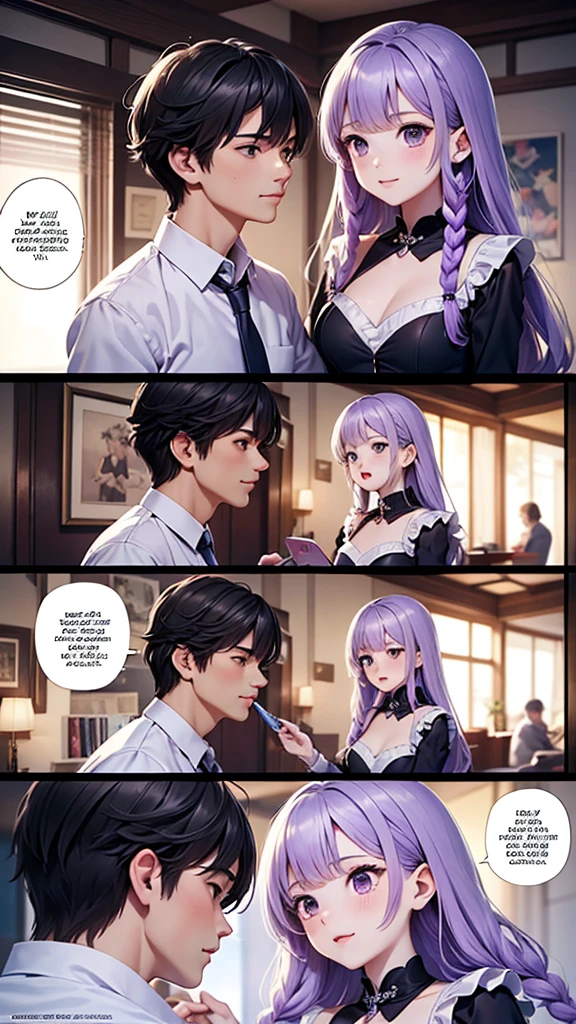 (masterpiece, highest quality), Couple(1 male, 1 woman with purple and white gradient double braids),、 detailed, comics, boy,heart、like、 Meeting between a man and a woman, Manga Page, Doujinshi, Download contents, anime, Branch Panel, (From right to left, Top to bottom),The girl&#39;s characteristic is yinji,1girl,solo, purple eyes, long hair, twin braids, purple hair, multicolored hair, elbow gloves, bangs, very long hair,bare shoulders, black skirt, grey hair, dress, smile, side cutout,covered navel, side cutout,