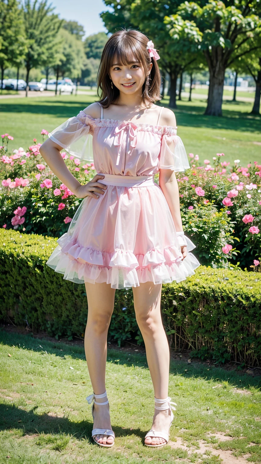 (8k、RAW Photos、highest quality、masterpiece:1.2)、(Realistic、Realistic)、1 girl、((mini skirt、Pink and white、Frills、Off the shoulder、See-through、Sandals、Arm Covers、ribbon、smile、garden、View from the front、smile、Standing with hands on hips))、