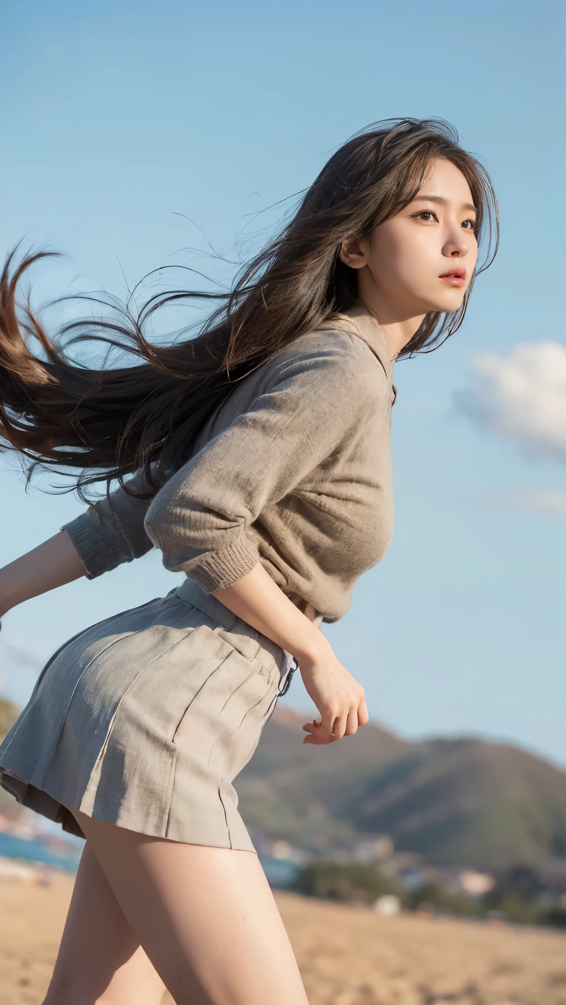 (((Low angle shooting、A strong wind is blowing from the front of the body、Clothes are loose)))、(((In 8K、highest quality、masterpiece、超A high resolution)))、(Photorealistic:1.4)、RAW Photos、(Real skin texture:1.3)、(Film Grain:1.3)、((standing、Skirt Lift、Under the skirt、No underwear、Do not bend your legs、Don&#39;t bend your knees、Spread your thighs、Beachside))、One Girl、Beautiful and detailed eyes and face、masterpiece、highest quality、Close-up、Slender、Japanese Uniform、Dynamic poses、barefoot、