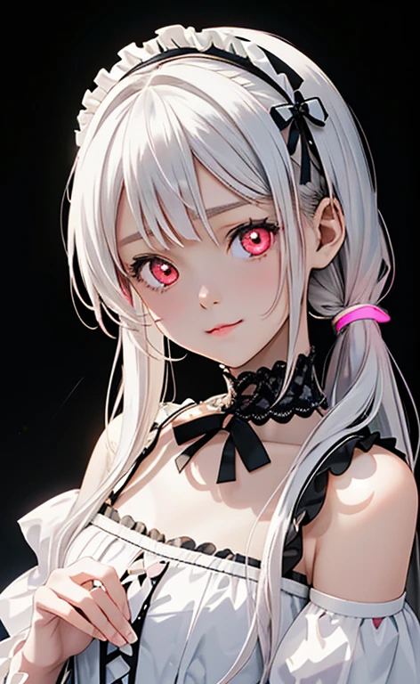 (Photorealistic:1.4)、asuna,(masterpiece、lens flare:1.5、spot light:1.2、Exquisite beautiful eyeonochrome:1.5,portlate、)(),()
、Cute Face、 3D Face、(pearl white hair:1.5、Straight Hair)、(twintails),(1 Girl)、(Red eyes:1.2)、(upper body)、(;3:1.6),(;3:1.6),(;3:1.6)、(head tilt) ,(Cute face:1.2),(flat chest),(),kind face,(white　lace frilled gothic lolita),(black background:1.5)、(glowing eyes:1.3)、()、 Neat and clean、Adorable、Slim Body(Tareme:1.5),Shiny Hair、(Glowing pink Skin)、Nijisketch,Manga,zydG