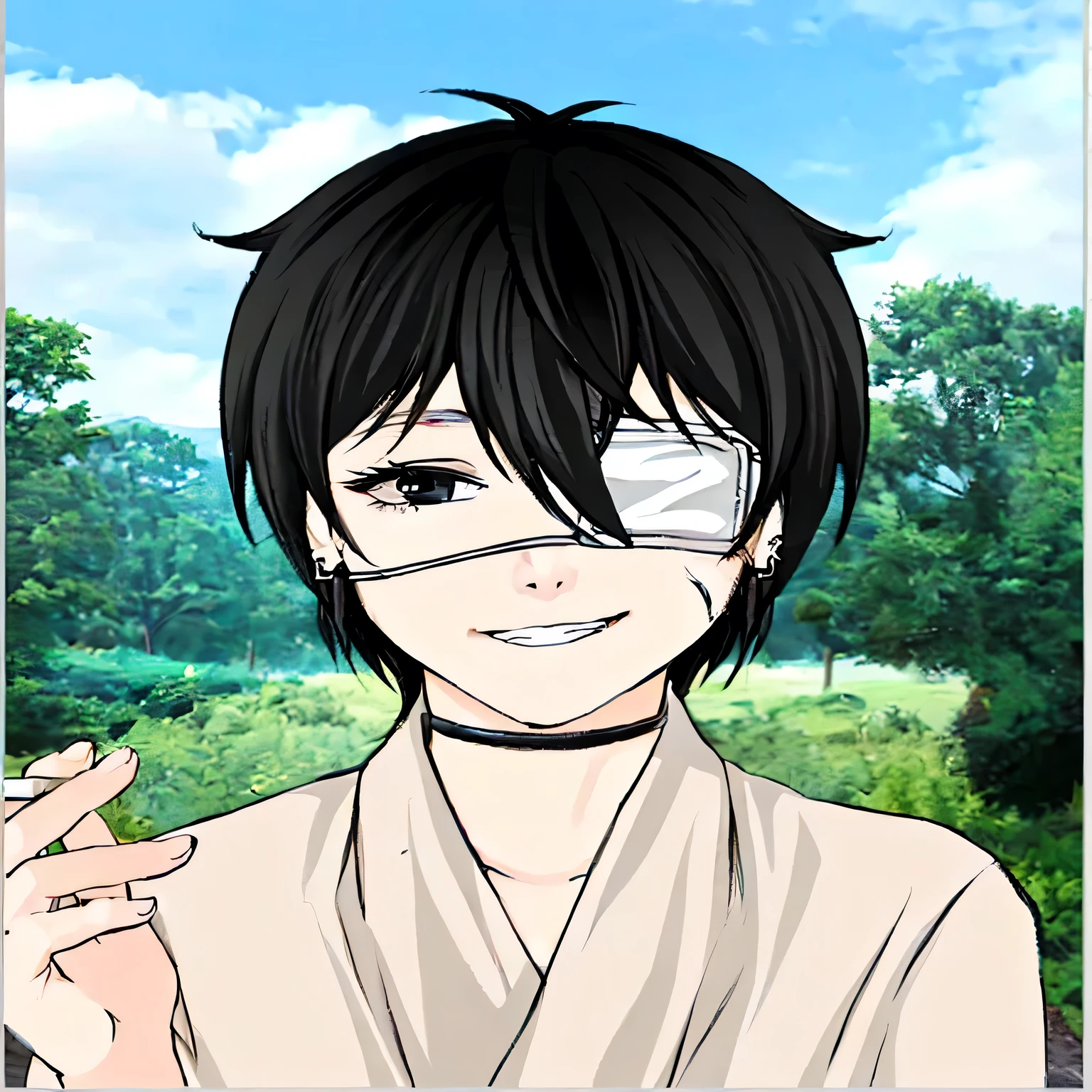 a guy with shoulder-length black hair, an eye patch, black eyes, and earrings in his ears