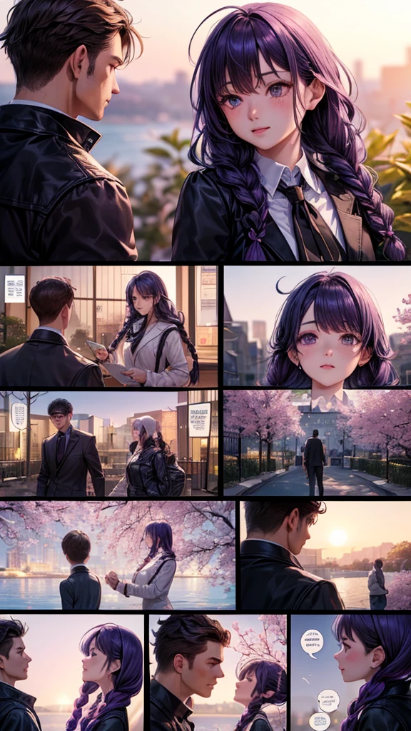 yinji,(masterpiece, highest quality), Couple(1 male, 1 woman with purple and white gradient double braids),、 detailed, comics, boy,heart、like、 Meeting between a man and a woman, Manga Page, Doujinshi, Download contents, anime, Branch Panel, (From right to left, Top to bottom),The girl&#39;s characteristic is yinji,1girl,solo, purple eyes, long hair, twin braids, purple hair, multicolored hair, elbow gloves, bangs, very long hair,bare shoulders, black skirt, grey hair, dress, smile, side cutout,covered navel, side cutout,