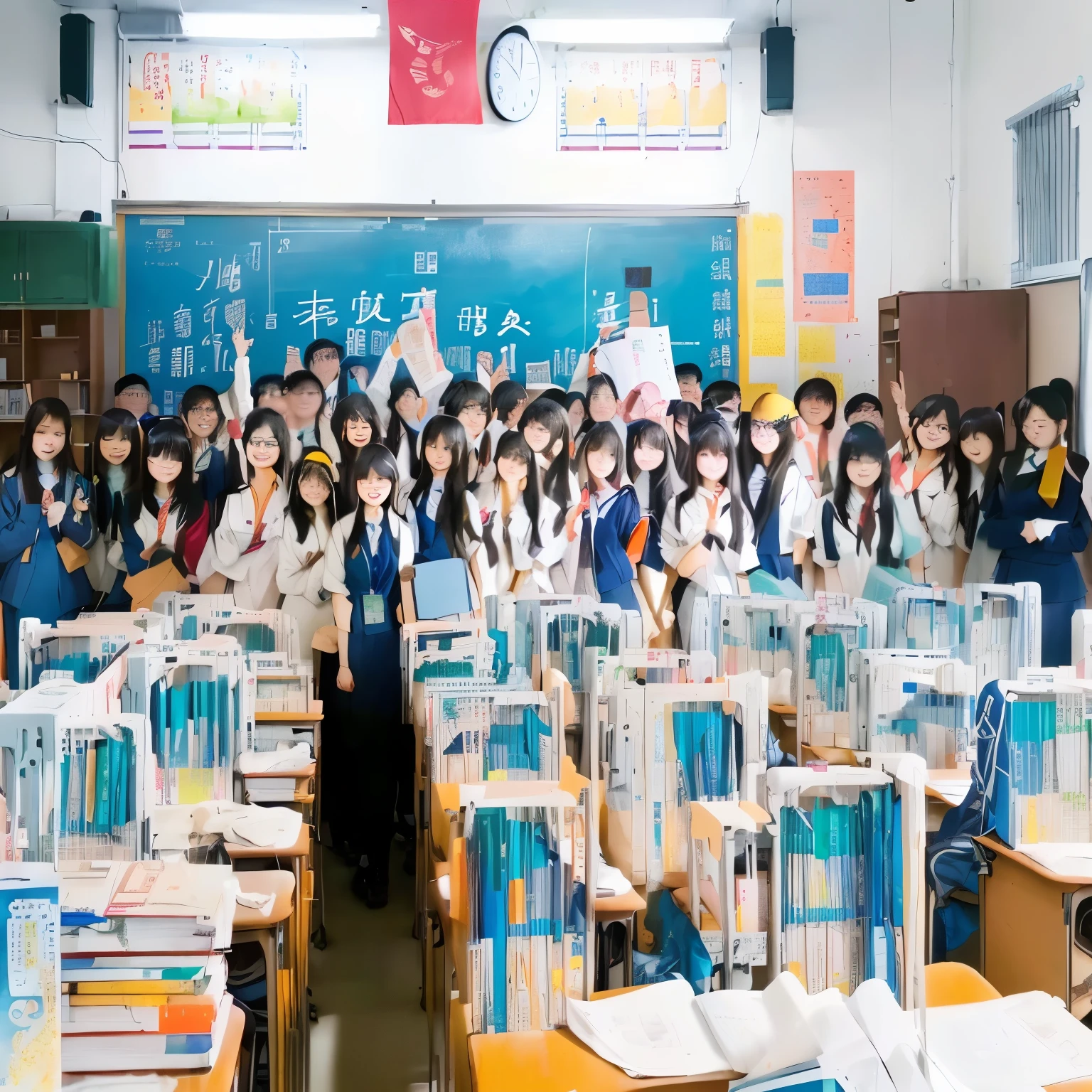 students posing for a picture in a classroom with books on the desks, teacher, student, Group photo, school class, Full view, by Liao Chi-chun, classroom, Miss, 2447, 💣 💥, jinyiwei, teaching, as a strict school teacher ), strict, Li Zixin, DIY, , 2134