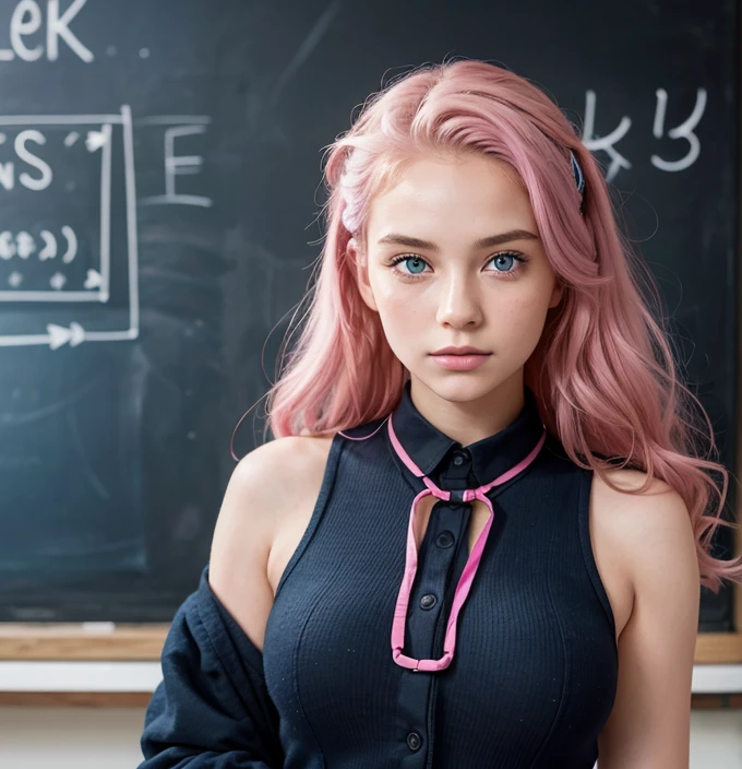 An 18-year-old girl with pink hair, blue eyes, and a full bust stands confidently in front of a chalkboard, dressed in a . The background features a bright, colorful classroom with dynamic energy and playful details. Pay close attention to capturing the finest details, from the texture and creases of the uniform to the girl's facial expressions and body language. Ensure a maximum level of realism and processing, with a vivid and contrasting color palette that highlights the girl's unique features and brings the scene to life.

