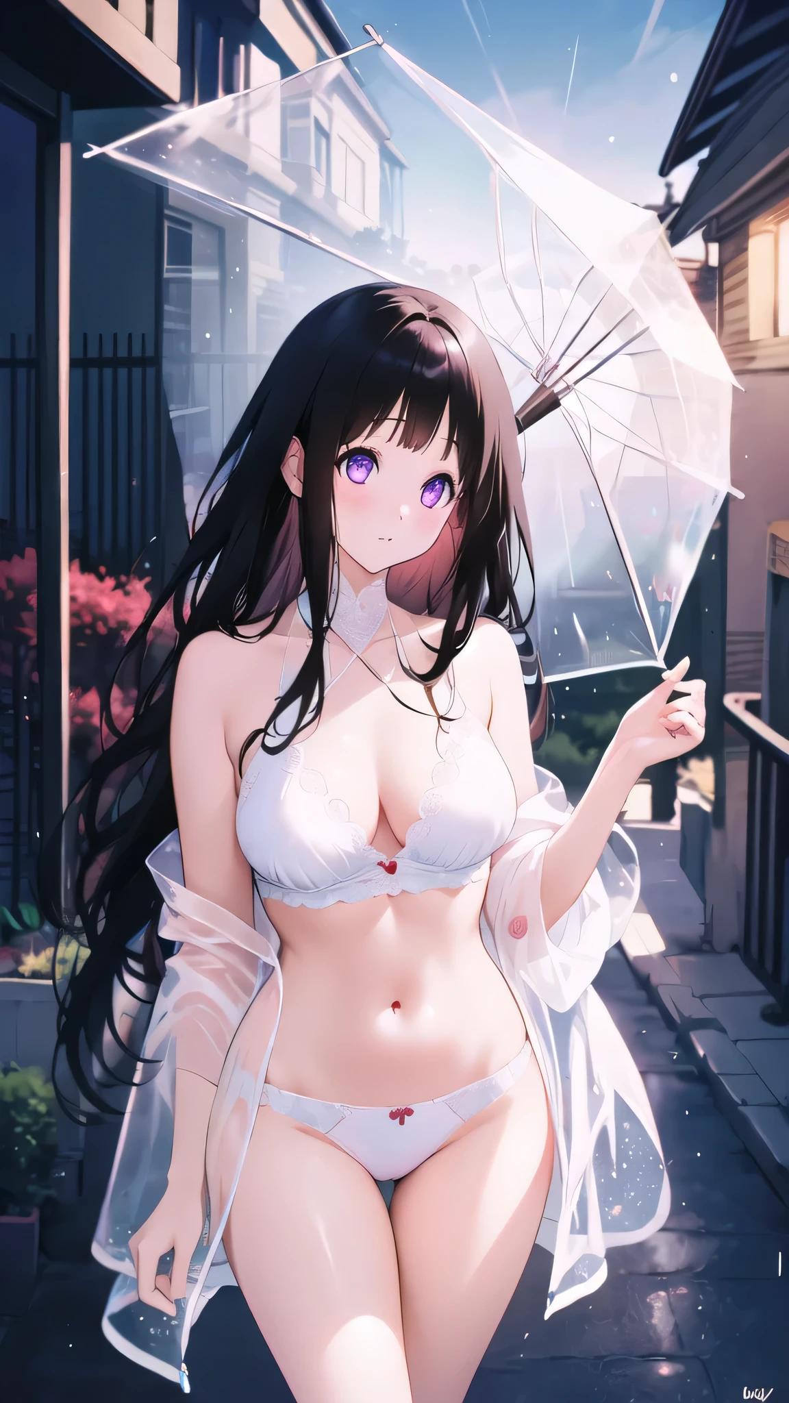 Beautiful Chitanda,There is only one beautiful girl,Purple Eyes, Black Hair, Natural straight hair, Straight bangs,Extremely refined,open your lips,Face is so red,Very white skin,Skin as delicate as porcelain,Glowing skin,big eyes,Flowing long hair,beautiful girl, Like a dream,Slim,Slim waist,Soft, (Sensual), (Kawaii), Dream quality,In the alley,Underwear Rain,Completely naked,Transparent umbrella,Bare back,nacked hip,Wrapped in a transparent raincoat,Bare belly,very close,Deep V neckline,Loose neckline,Beautiful big breasts,No pants,Delicate clavicle,Delicate hands and feet,Bare neck,There is no decoration on the neck,Bare thighs,Exposing the groin,Camel toe,extremely shy,Ultra-high resolution, (masterpiece:1.2, best quality), (Delicate and beautiful eyes: 1.2), (Beautiful and delicate face)