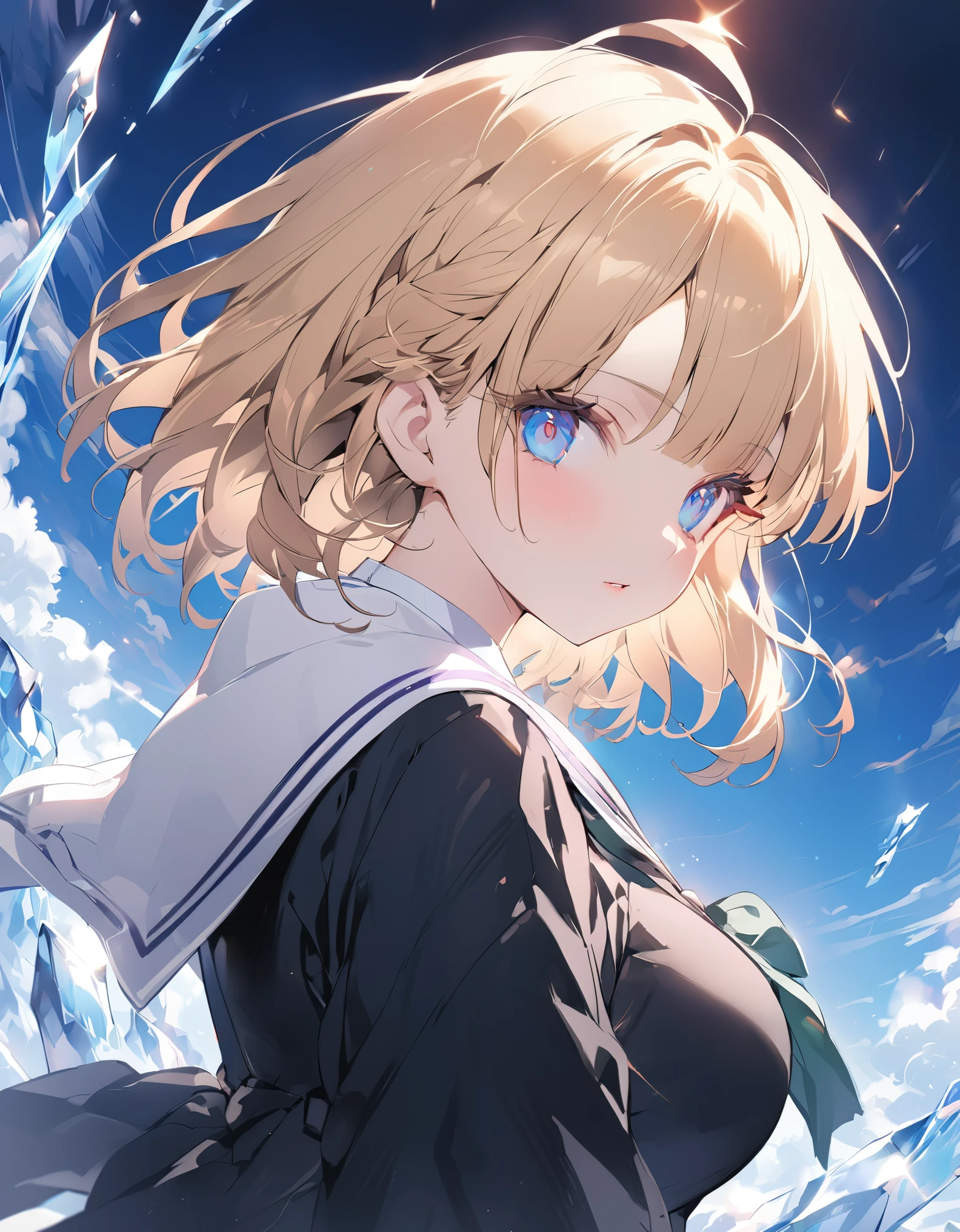 masterpiece, highest quality, Very detailed, High resolution, Japan anime,One young girl, (White skin:1.2), Golden Hair, (short hair:1.4), (Blunt bangs:1.3), (eyelash:1.3), (eye shadow:1.3), (Large, droopy blue eyes:1.5), (Beautiful fine details:1.4), Height: 130cm, original character, Fantasy, (White background:1.2), (Original Magic School Uniform:1.5), ビューアーを見るHigh resolution, (Anime Style:1.4),nature(Large Breasts:1.3)ice　Side Shot
