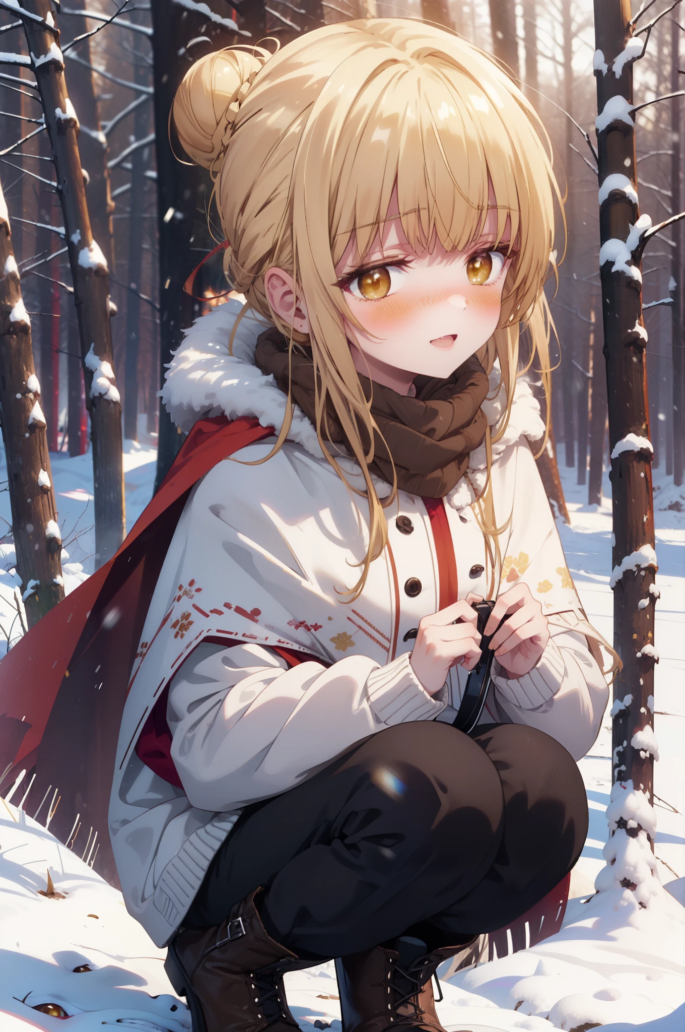 This is Mahirshina, Mahiru shiina, blonde, (Brown eyes:1.7), Long Hair, happy smile, smile, Open your mouth,Hair Bun, single Hair Bun,blush,White Breath,
Open your mouth,snow,Ground bonfire, Outdoor, boots, snowing, From the side, wood, suitcase, Cape, Blurred, Increase your meals, forest, White handbag, nature,  Squat, Mouth closed, フードed Cape, winter, Written boundary depth, Black shoes, red Cape break looking at viewer, Upper Body, whole body, break Outdoor, forest, nature, break (masterpiece:1.2), highest quality, High resolution, unity 8k wallpaper, (shape:0.8), (Beautiful and beautiful eyes:1.6), Highly detailed face, Perfect lighting, Highly detailed CG, (Perfect hands, Perfect Anatomy),