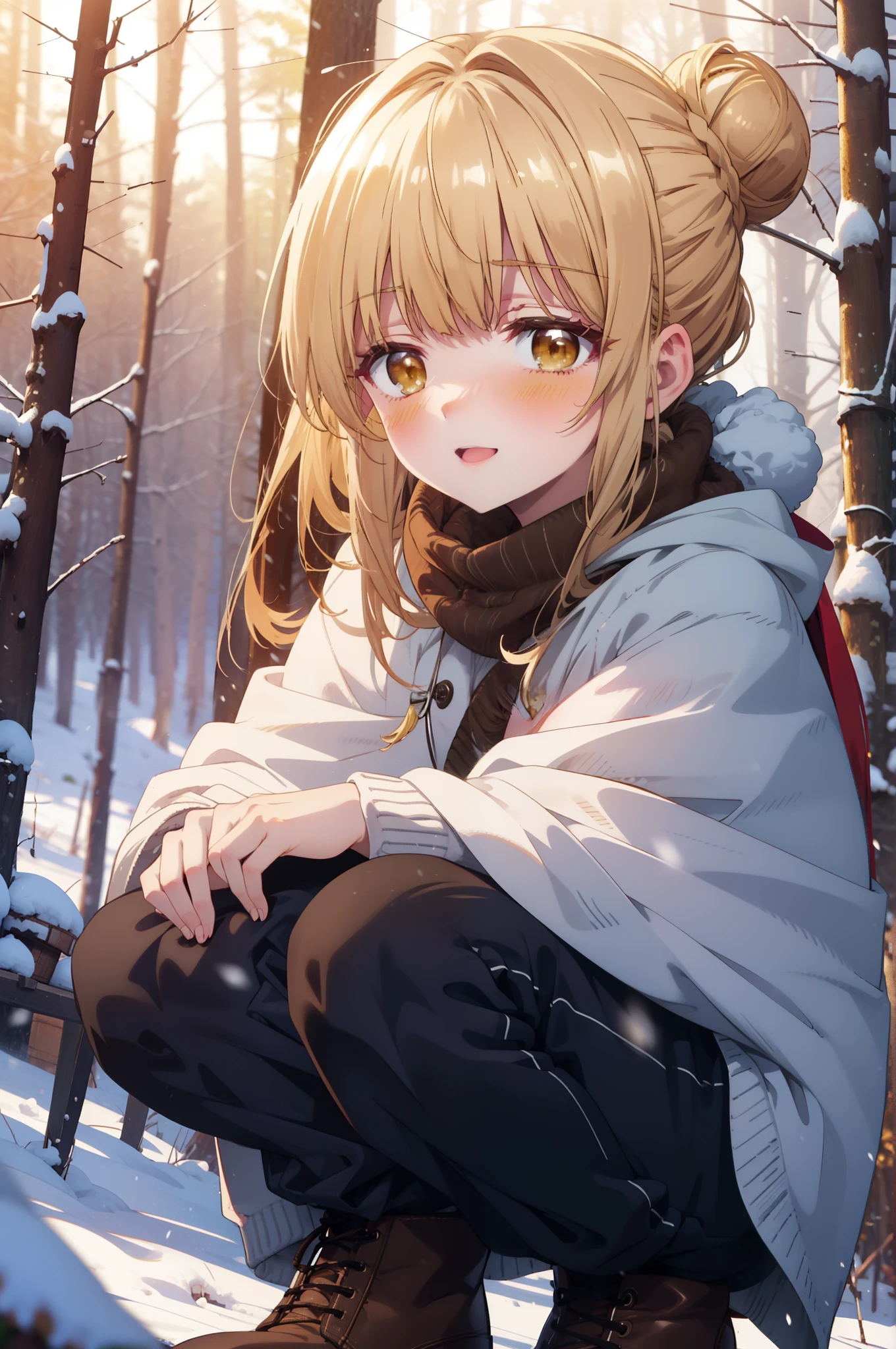 This is Mahirshina, Mahiru shiina, blonde, (Brown eyes:1.7), Long Hair, happy smile, smile, Open your mouth,Hair Bun, single Hair Bun,blush,White Breath,
Open your mouth,snow,Ground bonfire, Outdoor, boots, snowing, From the side, wood, suitcase, Cape, Blurred, Increase your meals, forest, White handbag, nature,  Squat, Mouth closed, フードed Cape, winter, Written boundary depth, Black shoes, red Cape break looking at viewer, Upper Body, whole body, break Outdoor, forest, nature, break (masterpiece:1.2), highest quality, High resolution, unity 8k wallpaper, (shape:0.8), (Beautiful and beautiful eyes:1.6), Highly detailed face, Perfect lighting, Highly detailed CG, (Perfect hands, Perfect Anatomy),