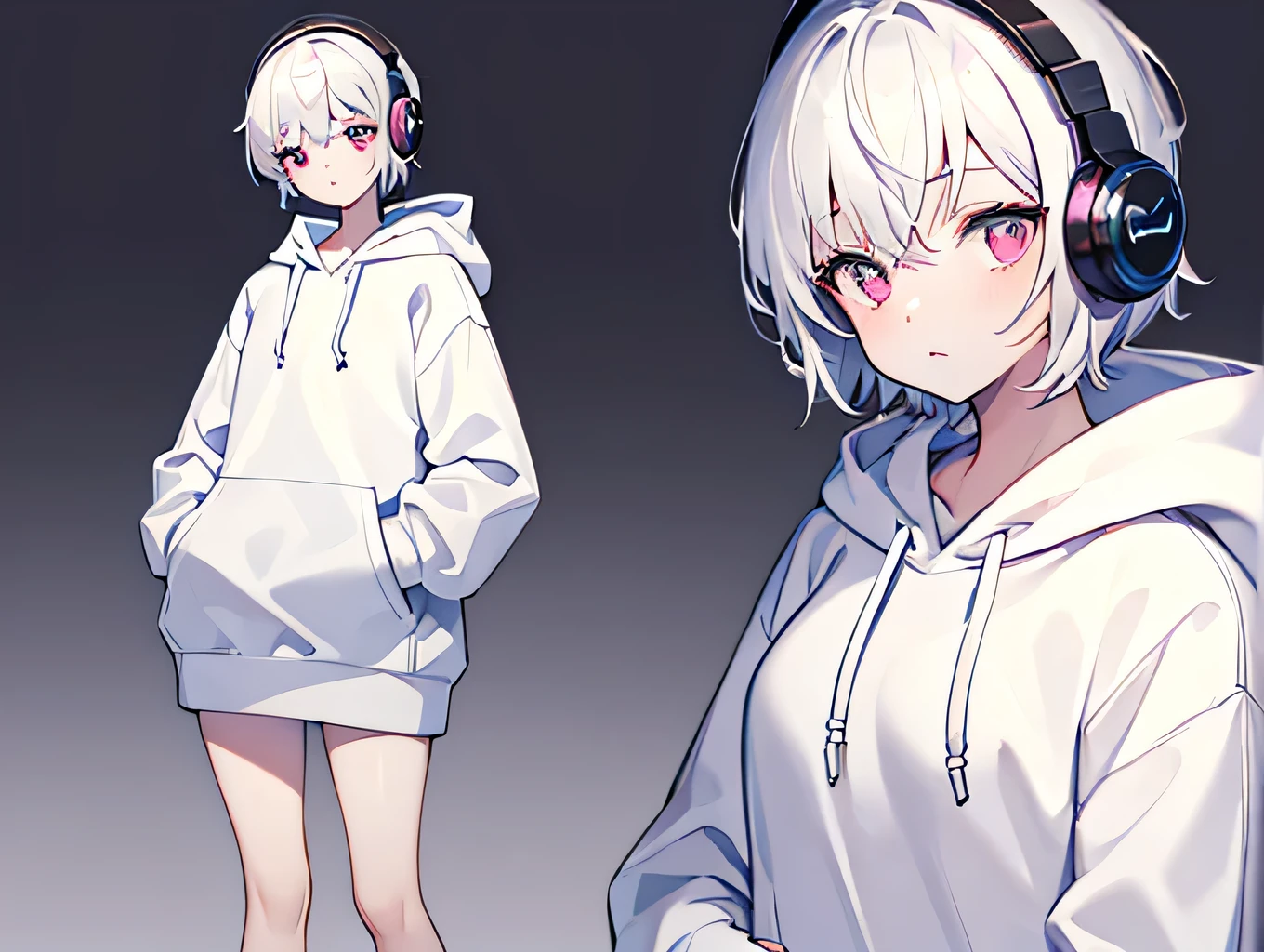 (masterpiece, highest quality:1.6), alone, Thick outline, (Simple Background, Plain white background, Monochrome),Mini Characters, 8k, whole body, (Pixie Cut, Plain oversized hoodie, Wearing a hood,Headphones), Thighs, High resolution, Sharp focus, High resolution, Most detailed, Very detailed, finely, Detailed eyes and face, Sharp pupils,Glowing delicate eyes, Contrast between pink and white, alone, Put your hands in your pockets