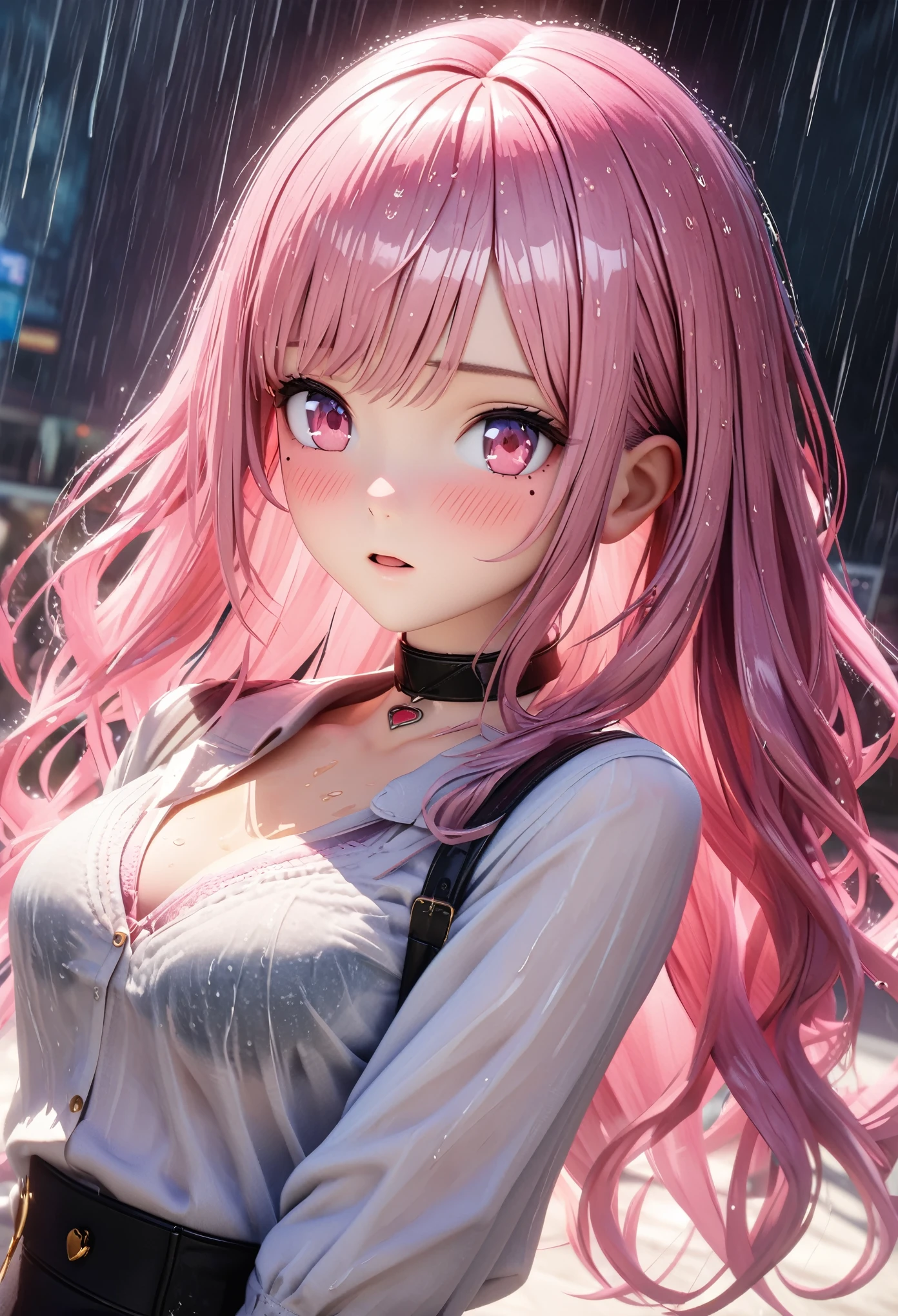 masterpiece, best quality, very detailed, high resolution, expensive resolution, high resolution, 4K, 8k, Unity 8k wallpaper, highly detailed CG, masterpiece, 2D, 3D, beautiful details, depth, fine texture, best quality: 1.3, perfect focus, crisp skin, him,
very cute anime girl, (bra showing through white blouse soaked in pouring rain), large breasts, expensive pink medium long hair, one girl, rain, (raindrops dripping from soaked hair, bra showing through thin blouse soaked in rain), mole under eye, looking at viewer, expensive, blush, mole, open lips, heart, pink eyes, choker