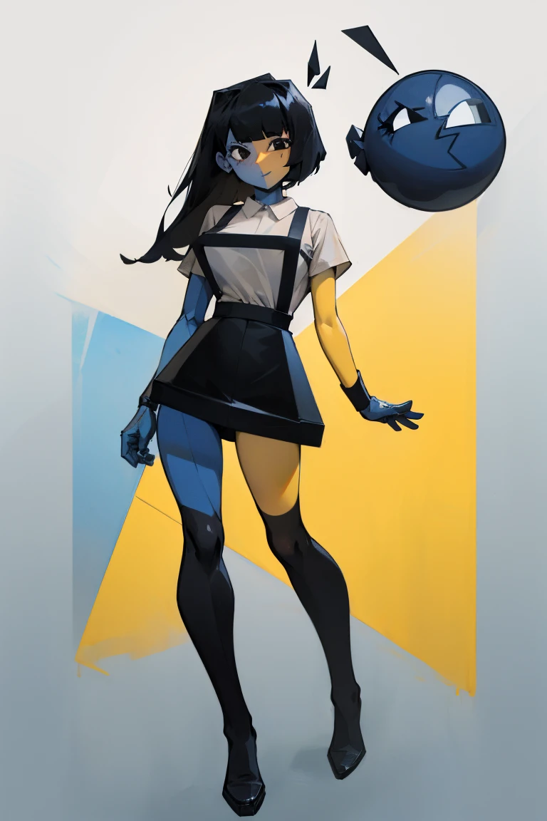 Ena (Joel G.), Chromatophore (The right is blue, On the left is), White T-shirt, Black slip skirt, 1 Girl, black eyes, Black socks (Right thigh and above, Left ankle), Black shoes, Granular effect on hair, Perfect anatomical structure, Solitary, 更好的手 black eyes big breasts breast enlargement breasts 白t恤 黑吊帶半身裙 臉紅 微笑 看著鏡頭 full-body shot
