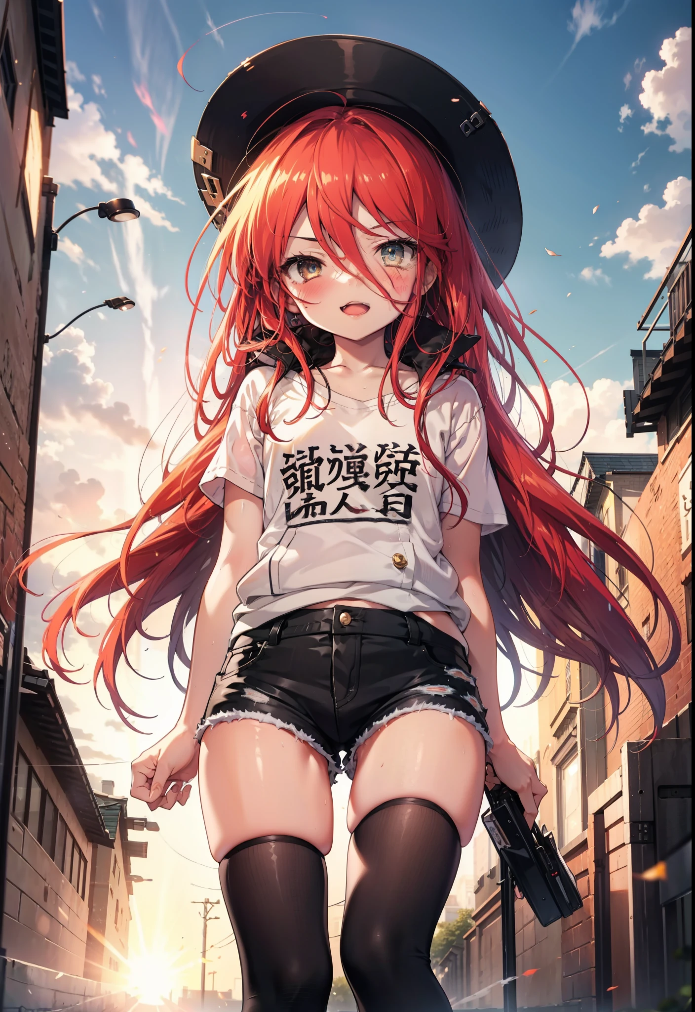 Shana,灼眼のShana,Long Hair, Red hair,Red eyes, Small breasts,smile,blush,Open your mouth,Applejack Hat,Tank top shirt,Red hoodie,Short sleeve,Shorts,Black knee socks,short boots,Put your hands behind your back,Looking down from above,whole bodyがイラストに入るように,morning,morning陽,The sun is rising,
break looking at viewer, whole body,
break outdoors, City Street,Area,
break (masterpiece:1.2), highest quality, High resolution, unity 8k wallpaper, (shape:0.8), (Beautiful and beautiful eyes:1.6), Highly detailed face, Perfect lighting, Highly detailed CG, (Perfect hands, Perfect Anatomy),