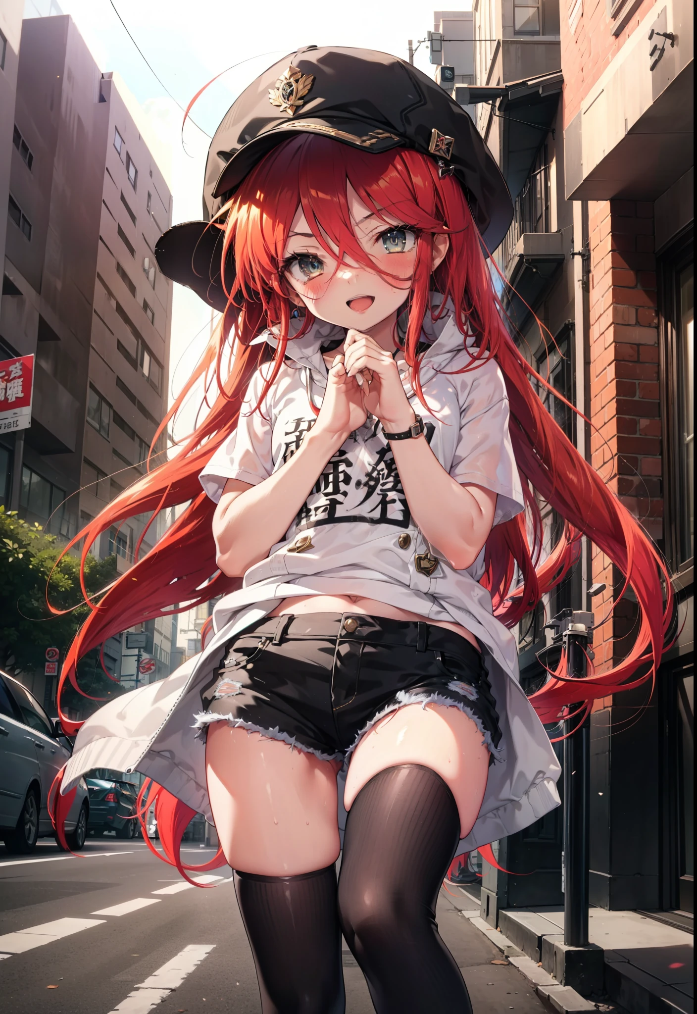 Shana,灼眼のShana,Long Hair, Red hair,Red eyes, Small breasts,smile,blush,Open your mouth,Applejack Hat,Tank top shirt,Red hoodie,Short sleeve,Shorts,Black knee socks,short boots,Put your hands behind your back,Looking down from above,whole bodyがイラストに入るように,morning,morning陽,The sun is rising,
break looking at viewer, whole body,
break outdoors, City Street,Area,
break (masterpiece:1.2), highest quality, High resolution, unity 8k wallpaper, (shape:0.8), (Beautiful and beautiful eyes:1.6), Highly detailed face, Perfect lighting, Highly detailed CG, (Perfect hands, Perfect Anatomy),