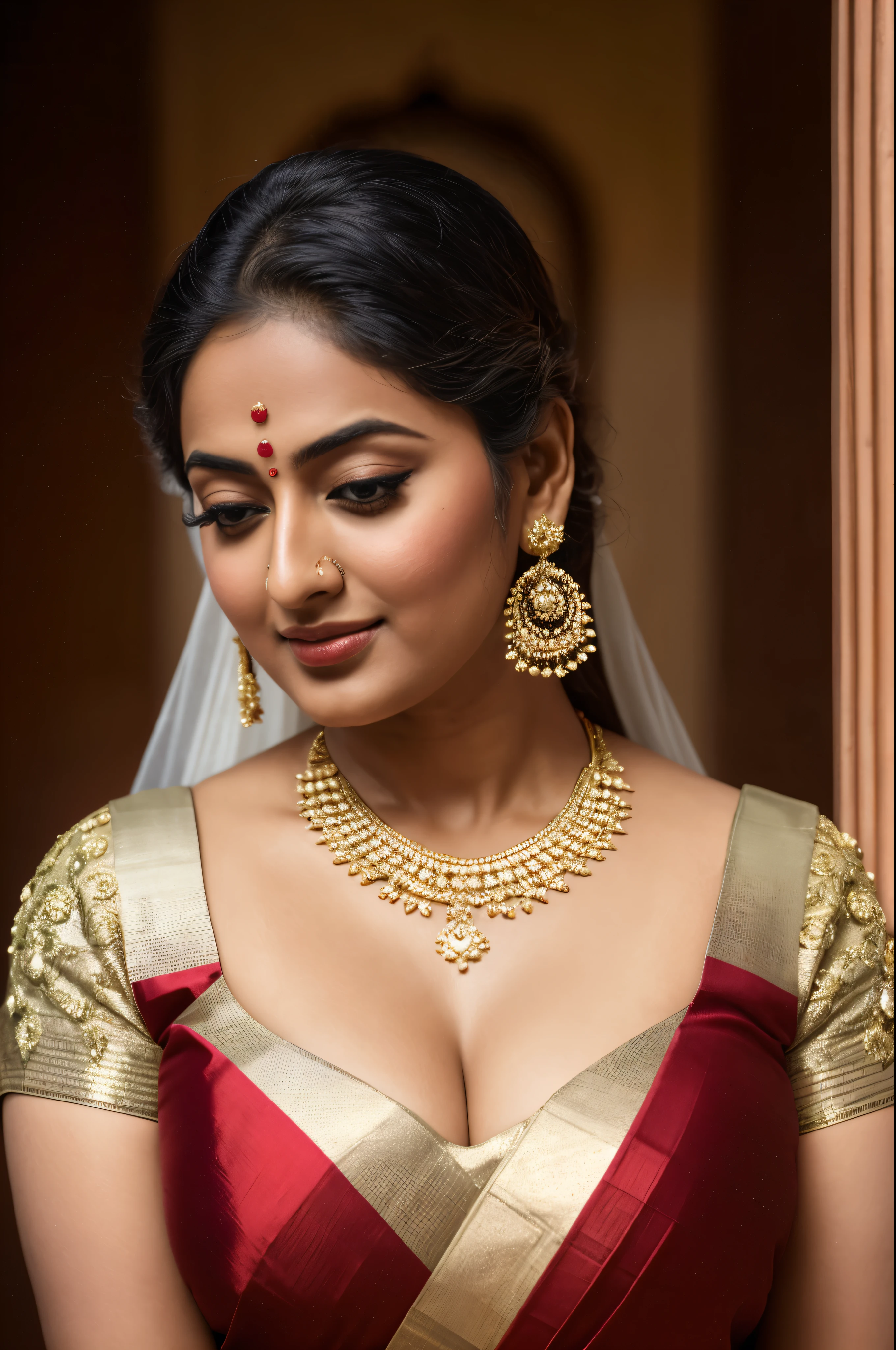 Foto RAW, photorealistic, photography, full body shot, master shot, perfect eyes, goddess like beauty, pierced eyes, perfect thick chubby mallu Desi aunty bhabhi, Wearing a Stanapatta, a chest-band.Saree model, model Photography, Indian saree shoot, Indian traditional wear advertising photography, traditional wear brand shoot, face of Indian actress Sonakshi Sinha, masterpiece, realistic, realism, incredible details,  pleasure, photorealism, detailed skin, skin pores, high contrast, photorealistic Artstation 8k HD digital art trend of high definition and detailed realistic skin texture, ultra detail, realistic skin texture, armature, best quality, ultra high definition, (photorealistic:1.4),, high resolution, detail, raw photo, sweat, Re sharp, by Lee Jefferies Nikon D850 Film Stock Photo 4 Kodak Portra 400 Camera F1.6 Lens Rich Color Ultra Real Realistic Realistic Textures Dramatic Lighting Unreal Engine Trending at Art Station Cinestill 800,(pele altamente detalhada: 1.2), 8k UHD, DSLR, soft-lighting, alta qualidade, grain of film, Fujifilm XT3,she didn't like to wear blouse or bra, she is happy to wear only saree, she hates blouse or bra, detailed hairy armpits, hyper realistic skin, skin pores, sweat, veins, 