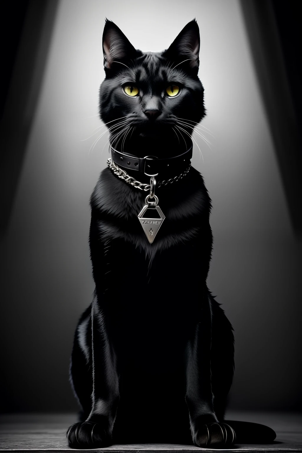 A chilling image of a canine, clad in a leather jacket and trousers, gnaws on metal chains, its canine teeth shattering the links in an unsettling display of ferocity. This high-definition masterpiece, rendered in 32k and ultra HD, uses Unreal Engine to create an unnerving level of detail, capturing every crease in the leather and every glint in the cat's eyes. The dark, dramatic atmosphere is accentuated by the vignette effect, with the cat boldly centered, creating a haunting, cinematic shot that is sure to leave a lasting impression.