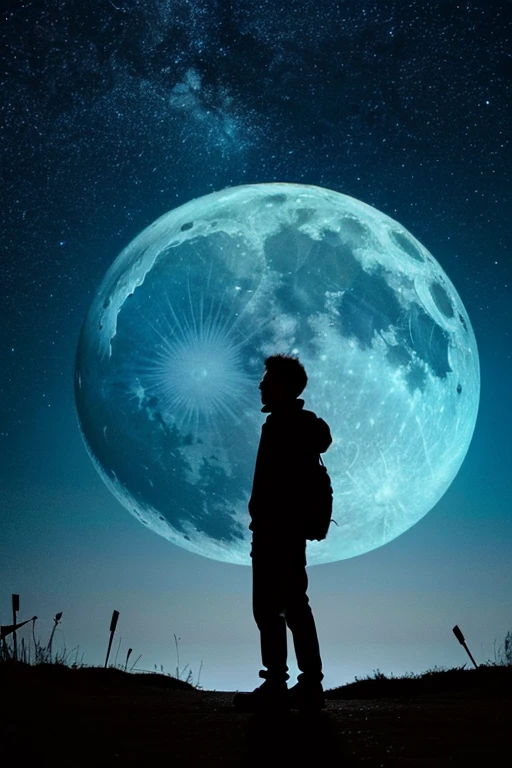highest quality,Big moon and shadow,A silhouette of a person can be seen against the backdrop of a large moon.,There is one full moon,There is a mood,Beautiful scenery,Starry Sky