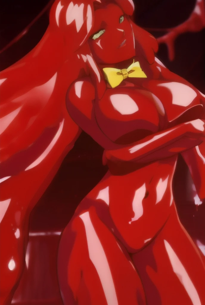 high quality, Very detailed, Perfect Face, Red Slime Body, Green Eyes, Yellow bow tie, Melting thighs, wrist, ((Dissolves hair, Jamanen)) ,Big Breasts,Long Hair,Shaking body