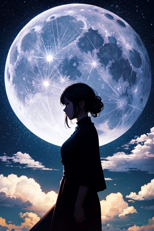 highest quality,Big moon and shadow,A silhouette of a person can be seen against the backdrop of a large moon.,There is one full moon,There is a mood,Beautiful scenery,Starry Sky