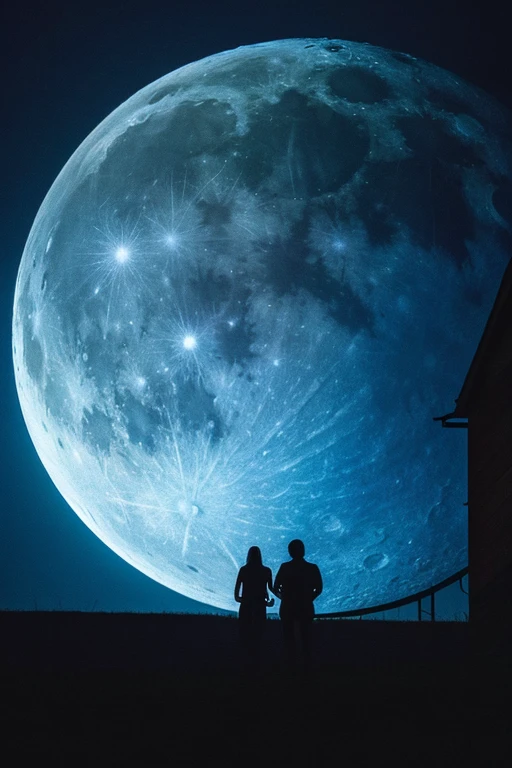 highest quality,Big moon and shadow,A silhouette of a person can be seen against the backdrop of a large moon.,There is one full moon,There is a mood,Beautiful scenery,Starry Sky
