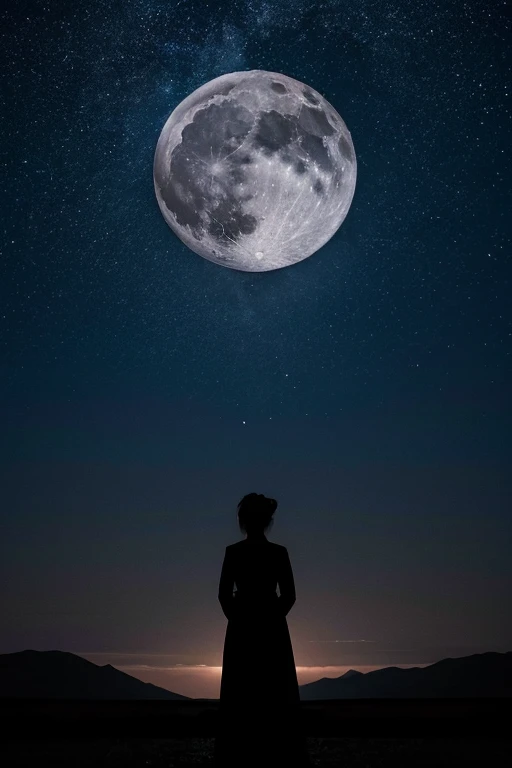 highest quality,Big moon and shadow,A silhouette of a person can be seen against the backdrop of a large moon.,There is one full moon,There is a mood,Beautiful scenery,Starry Sky