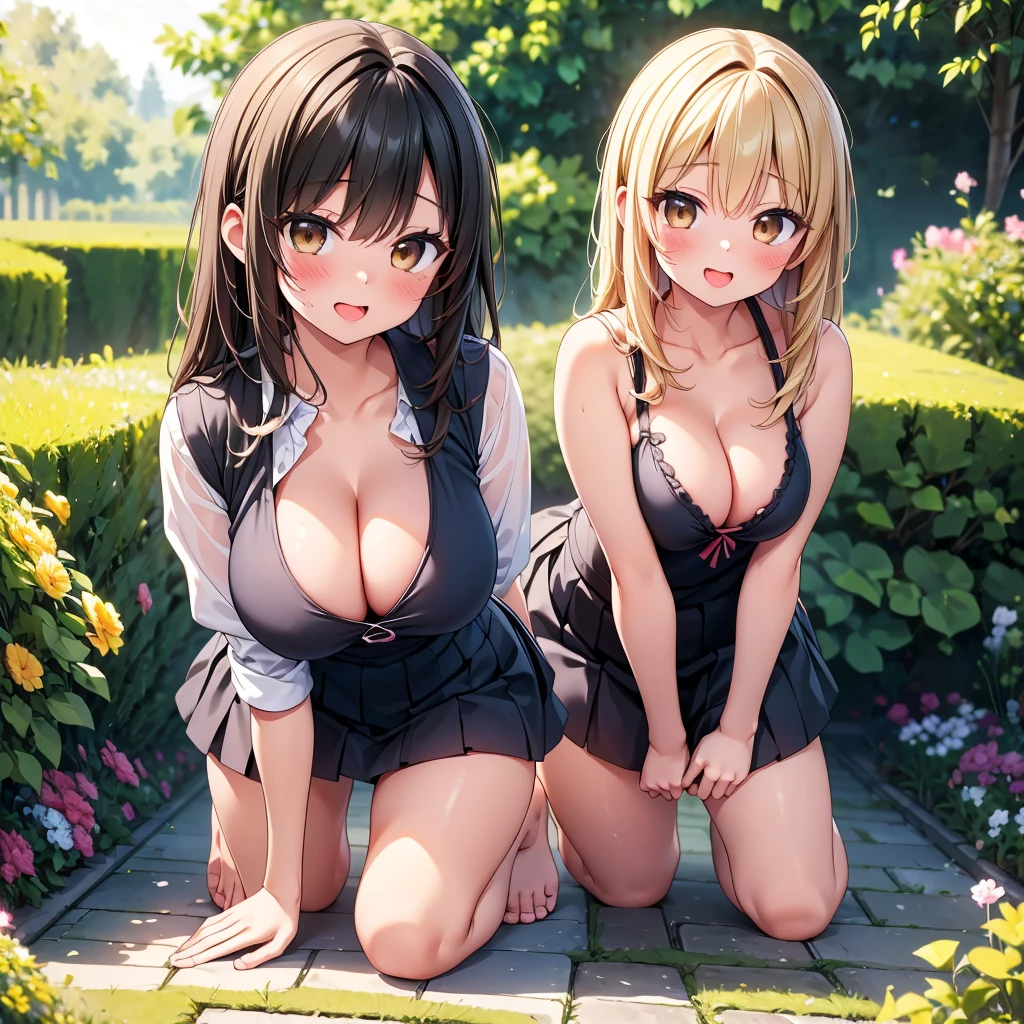 highest quality、masterpiece、超A high resolution、(Photoreal:1.4)、A girl yawning in the garden、panting face、black haired、functional、Bewitching、dramatic lighting、Full body Esbian、maikurobikini、huge breasts、coming from behind、garden、Pubic hair is visible、crawl on all fours、blushing face、functional、dirty,, saliva,1girl, breasts, tongue, looking at viewer, open mouth, cum on body, brown eyes, solo, shirt, tongue out, cleavage, cum on breasts, large breasts,, blush,