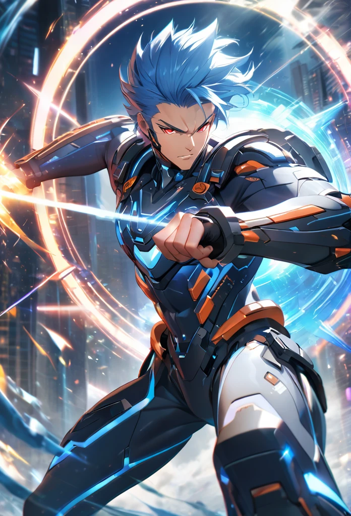 A dynamic male character wearing a black and blue futuristic cybernetic suit with glowing LED stripes, short spiky blue hair, and sharp red eyes. He is tall, muscular, and has an energy backpack on his back. The character is in a fighting stance, using energy blades, with a serious and focused expression. The background is a digital cityscape with 3D elements and floating light effects, representing the cyber world.,Battle style,Dynamic pose,Awesome,Best composition,Intricate details,Very detailed,Unstructured,Anatomically correct,With a glowing blue aura,Then rages battle 