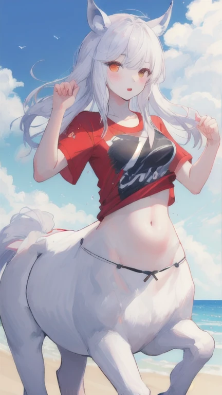 (best quality, masterpiece), 1 girl, centaur, It takes, White skin, racehorse, belly button t-shirt, 아름다운 소녀 perfect wolf photo, perfect wolf photo
