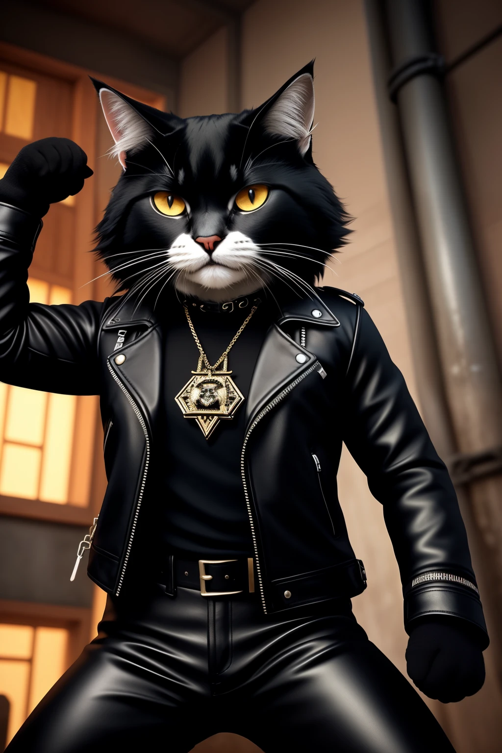 A sinister feline figure, adorned in a leather jacket and trousers, is seen engrossed in the act of dismantling metal chains with its protruding, menacing canine teeth. The ultra HD, 32k rendered image, generated by the Unreal Engine, showcases the intricate details of the cat's leathery skin and the breaks in the chains caused by its ferocious bite, creating an unsettling yet captivating masterpiece.