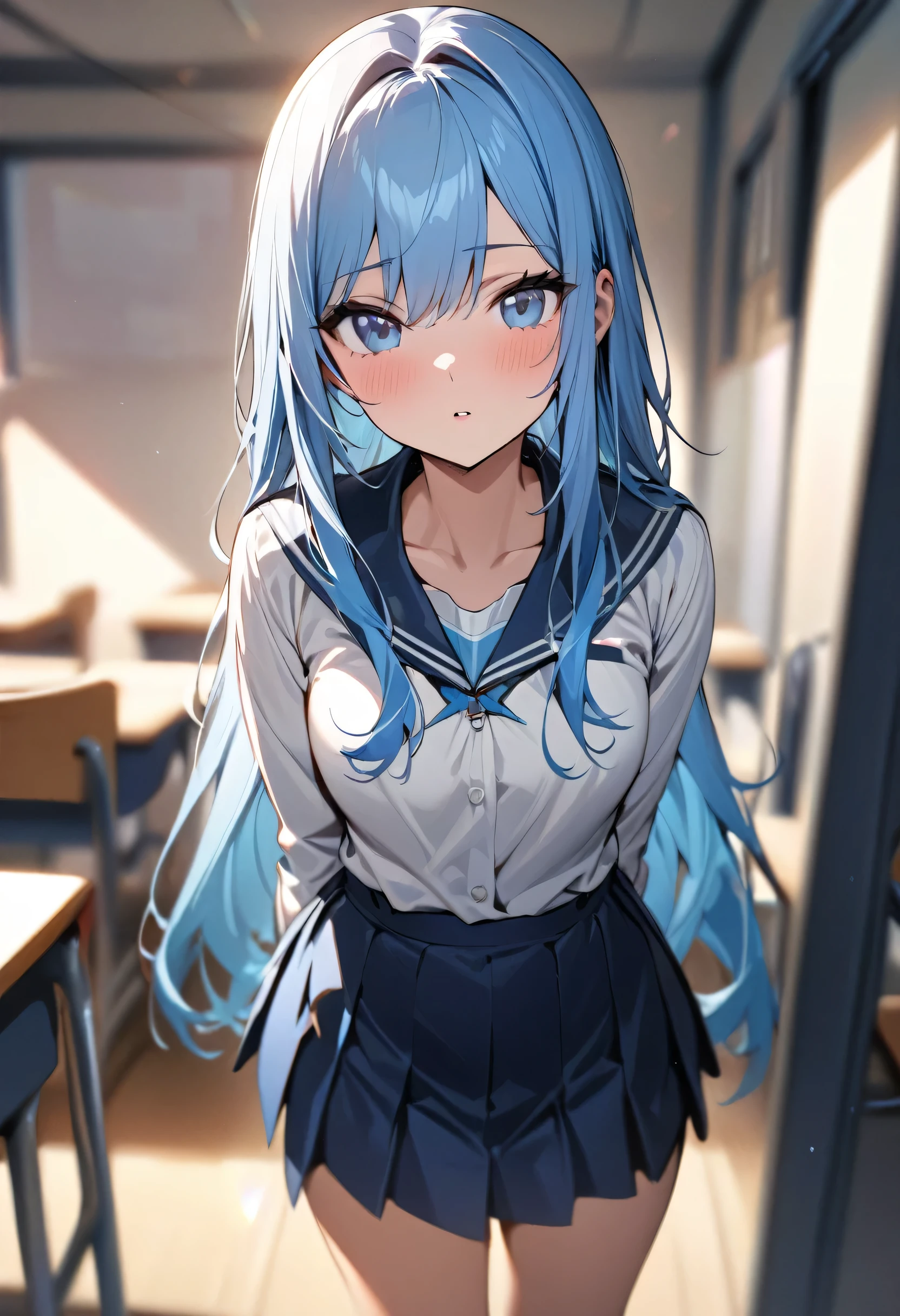 whole body, (female): 1girl, (solo), (perfect face), (detailed outfit), ( girl), beautiful female, (face waiting for kiss,), blue hair, long hair, white shirts, (white , blue mini skirt), (background): school room, (sunny) : (masterpiece:1.4), (best quality), (high res) (sharp focus), (depth of field),