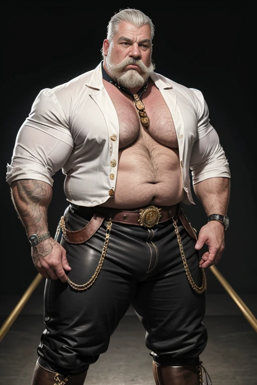  Hyperrealistic image of an old 19th century blonde German Steampunk circus ringmaster with bare torso gray hair with huge handlebar mustaches A super heavy bodybuilder flexing his muscles A full body obese bodybuilder with a very sweaty body An elderly extremely muscular man and extremely fat man over 70 years old weighing over 600 pounds a very hairy muscular man with very large sagging legs large pectorals dark nipples and gynecomastia on the ring of a circus wearing white riding pants and black high top boots 