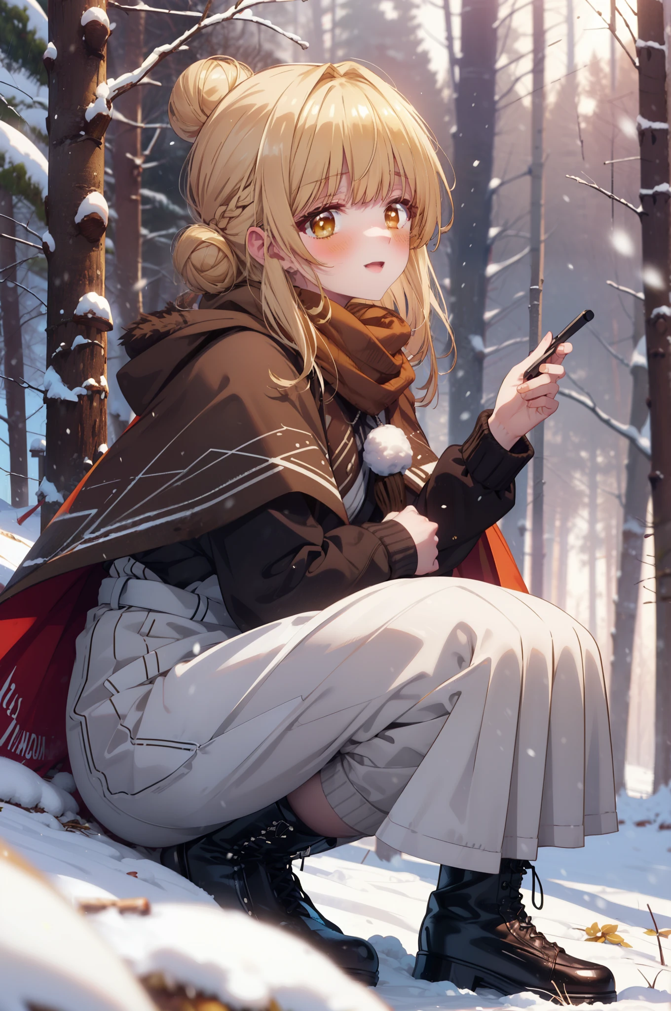 This is Mahirshina, Mahiru shiina, blonde, (Brown eyes:1.7), Long Hair, happy smile, smile, Open your mouth,Hair Bun, single Hair Bun,blush,White Breath,
Open your mouth,snow,Ground bonfire, Outdoor, boots, snowing, From the side, wood, suitcase, Cape, Blurred, Increase your meals, forest, White handbag, nature,  Squat, Mouth closed, フードed Cape, winter, Written boundary depth, Black shoes, red Cape break looking at viewer, Upper Body, whole body, break Outdoor, forest, nature, break (masterpiece:1.2), highest quality, High resolution, unity 8k wallpaper, (shape:0.8), (Beautiful and beautiful eyes:1.6), Highly detailed face, Perfect lighting, Highly detailed CG, (Perfect hands, Perfect Anatomy),