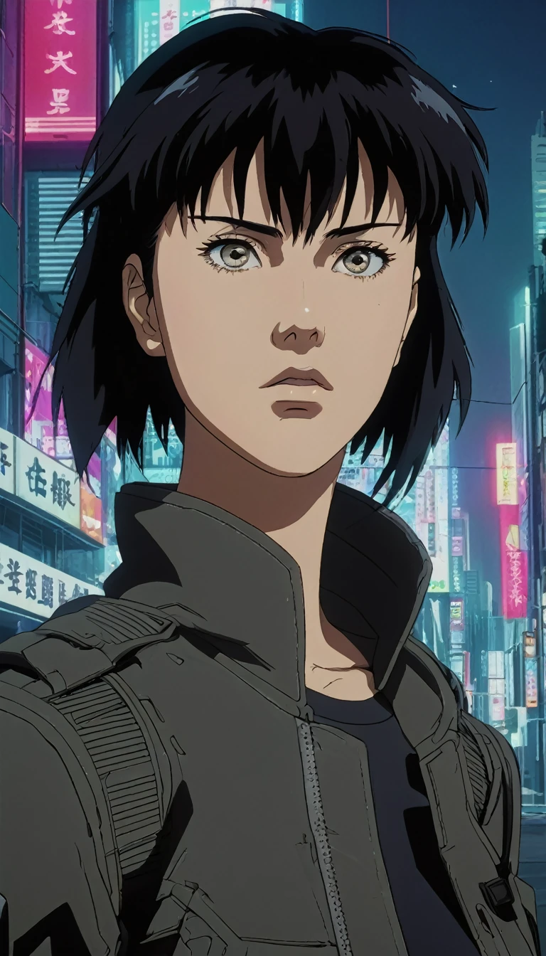 highly detailed 90s anime style portrait, Motoko Kusanagi, Ghost in the Shell, black hair, anime, cyberpunk, futuristic, detailed face, beautiful eyes, sharp features, strong jawline, serious expression, dynamic pose, mechanical body parts, advanced technology, neon lights, dark atmosphere, moody lighting