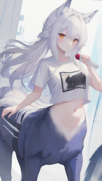 (best quality, masterpiece), 1 girl, centaur, It takes, White skin, Racehorse, belly button t-shirt, 아름다운 소녀 perfect wolf photo, perfect wolf photo