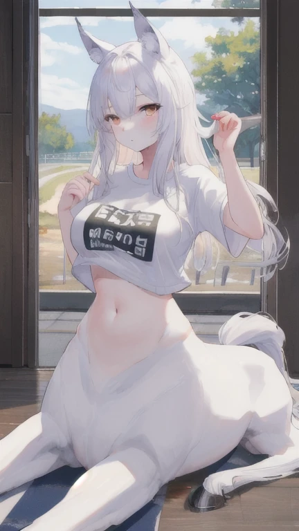 (best quality, masterpiece), 1 girl, centaur, It takes, White skin, Racehorse, belly button t-shirt, 아름다운 소녀 perfect wolf photo, perfect wolf photo