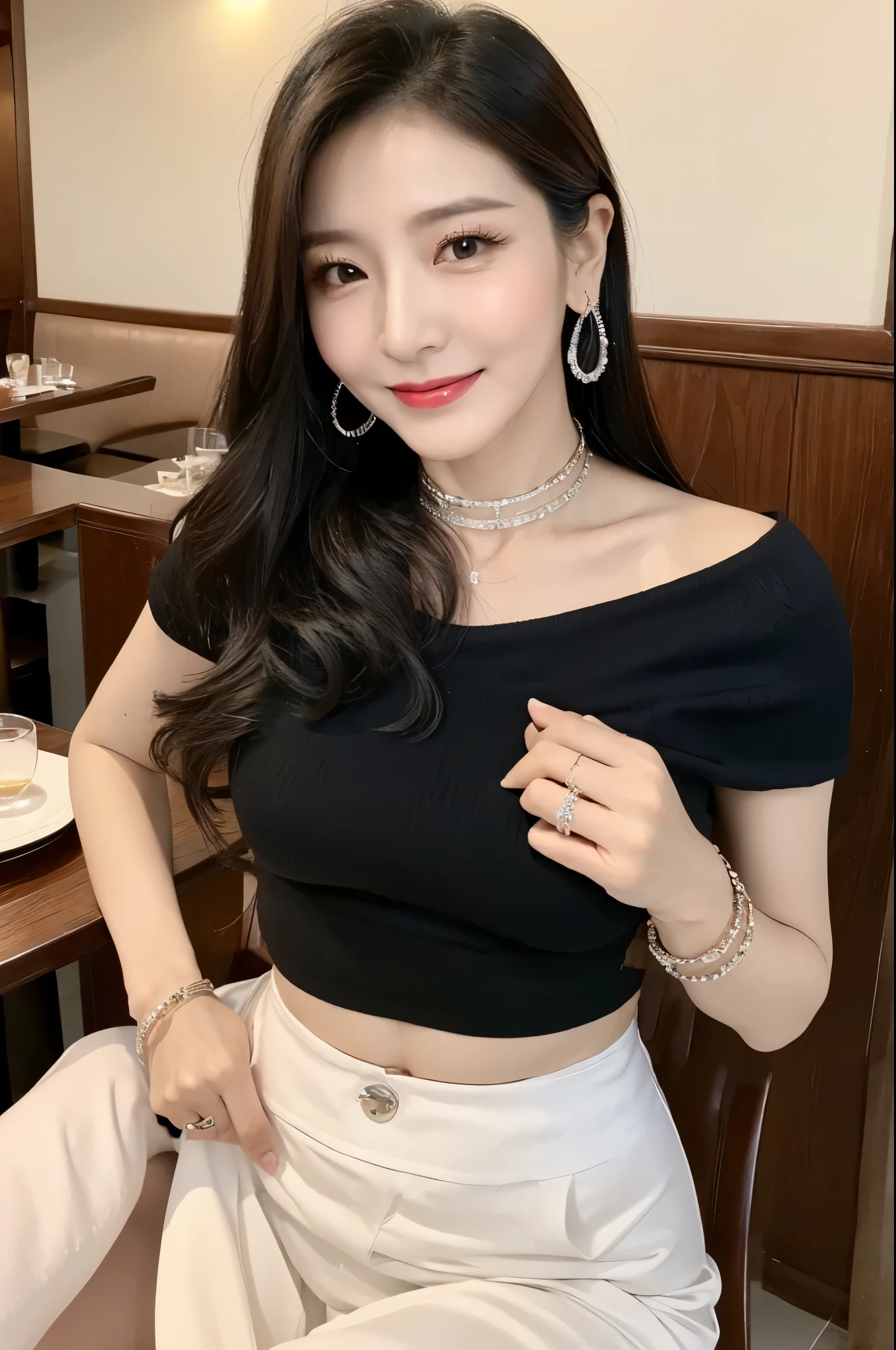 , Big breasts, small waist 75 years old Mom MILF Korean Lady large earring Big choker navel piercing decoration A bracelet Silver Hair realisitic Gorgeous Madame Beautiful Mature Woman sexy Smile Gentle woman navel piercing 4K High quality restaurant dining Dress code Beautiful feet Gorgeous Madame Beautiful Mature Woman