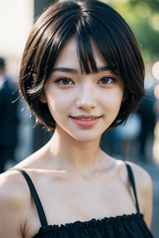 Beauty, black hair, short hair, anime, depth of field, UHD, masterpiece, best quality, high details, textured skin, ccurate, super detail,smile