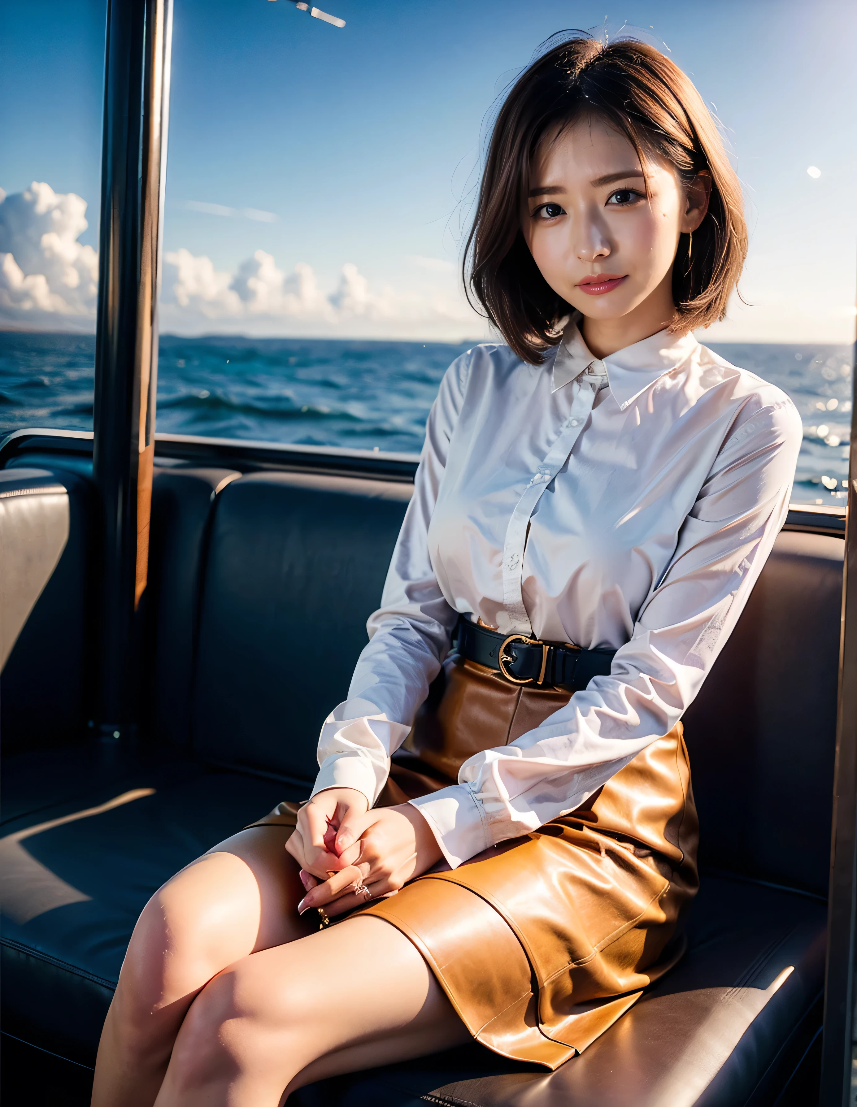 Woman standing on a boat、Light brown hair、Elegant hairstyle、Blue Eyed Woman、A woman with a cute upward gaze、When the sky gets dark、The gentle lights of the ship shine、The sky turns red as the sun sets、Tight clothing that shows your body lines、、A classy white blouse or white collared shirt、The first button of her blouse is lewdly open、Genuine Leather Belt、革のShort skirt、Dress elegantly着こなす、Luxury Bags、、((Medium Short Hair:1.4))、Skyscrapers seen across the sea、Manhattan 私sland is visible offshore、Woman on a sightseeing boat、、The sun shines on her、Light brown hair、Light brown hair、The sky was dyed red、There are clouds、私t's cute、An elegantly dressed woman is sitting on a boat and watching the sunset、Her ample breasts are obvious even through her clothes..、The shining sun is so beautiful、Dusk is approaching、Lens flare、私 can see the sun setting、((Sunlight reflecting off the ocean、Ocean View、The sun shines on the ocean、'beautiful.、Small earrings、私t'evening、Birds are also flying、、Brown Hair Color、Tying up hair、The woman is on the right:1.4))、Luxury Leather Belts、Shiny clothes、Light beige hair color、Background Blur、Braid only the front hair、Light brown hair、{{Cowgirl Shot}}、((Close-up shot from the waist up、Ample breasts:1.4))、Smile、Silk clothing、Ample breasts that can be seen even through clothes、Braid only the front hair、Cowboy Shot、Gorgeous white collared silk shirt and brown skirt、Dress elegantly、Luxury Bags、A lovely smile、((Ample breasts))、Full body photo、ring、Short skirt、Tuck your hair behind one ear、Silver Necklace、smile、 Elegant ponytail、Caustics、Highly detailed photos、Very beautiful and ideal short hair、Super no makeup、(8k、RAW Photos、highest quality、masterpiece:1.2)、(Realistic、Realistic)、1 girl、((Medium Short Hair、Looking into the camera:1.4))、Hair blowing in the wind