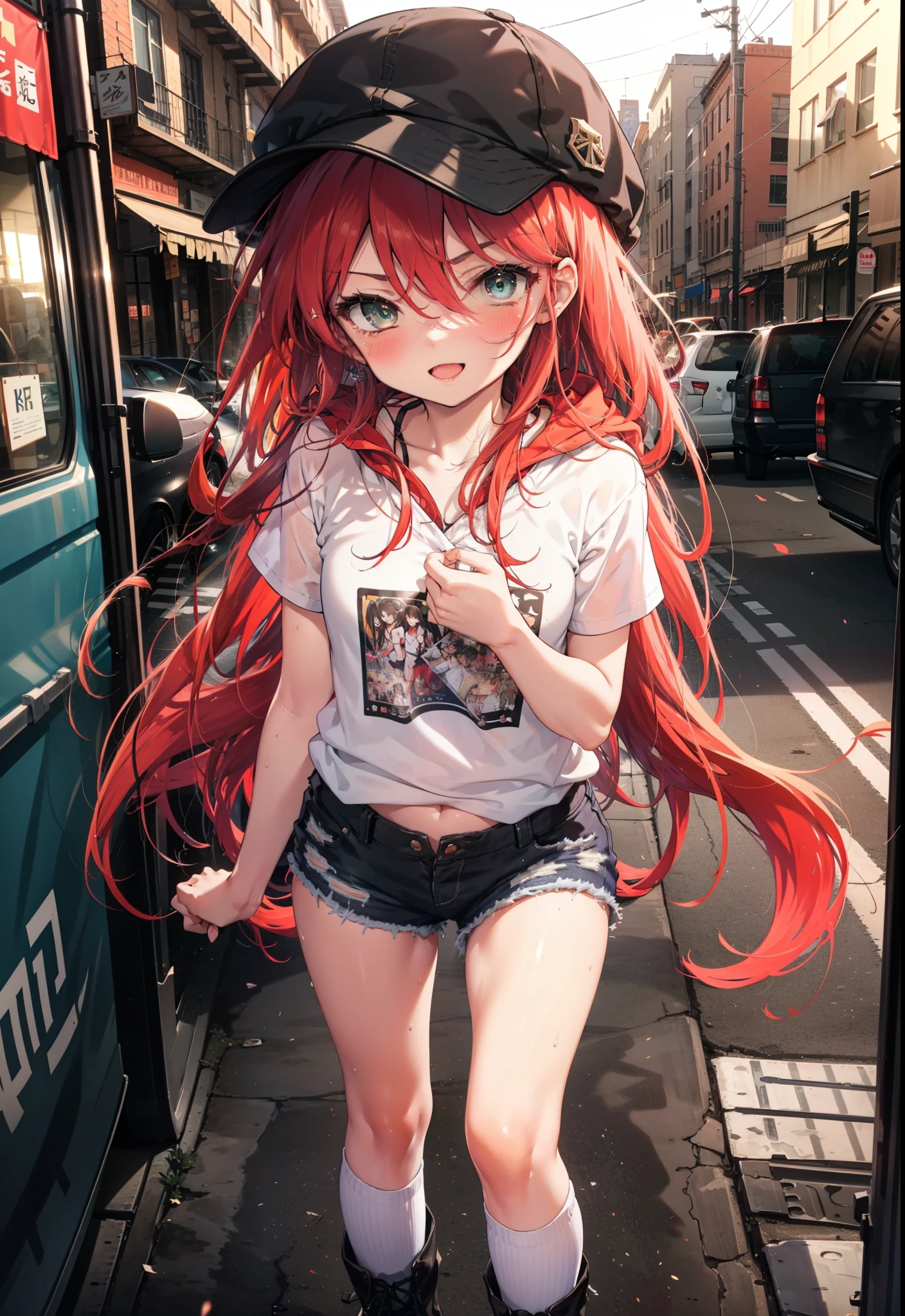 Shana,灼眼のShana,Long Hair, Red hair,Red eyes, Small breasts,smile,blush,Open your mouth,Applejack Hat,Tank top shirt,Red hoodie,Short sleeve,Shorts,Black knee socks,short boots,Put your hands behind your back,Looking down from above,whole bodyがイラストに入るように,morning,morning陽,The sun is rising,
break looking at viewer, whole body,
break outdoors, City Street,Area,
break (masterpiece:1.2), highest quality, High resolution, unity 8k wallpaper, (shape:0.8), (Beautiful and beautiful eyes:1.6), Highly detailed face, Perfect lighting, Highly detailed CG, (Perfect hands, Perfect Anatomy),