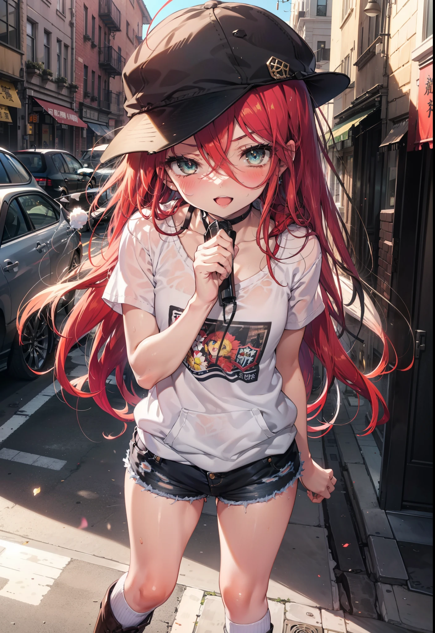 Shana,灼眼のShana,Long Hair, Red hair,Red eyes, Small breasts,smile,blush,Open your mouth,Applejack Hat,Tank top shirt,Red hoodie,Short sleeve,Shorts,Black knee socks,short boots,Put your hands behind your back,Looking down from above,whole bodyがイラストに入るように,morning,morning陽,The sun is rising,
break looking at viewer, whole body,
break outdoors, City Street,Area,
break (masterpiece:1.2), highest quality, High resolution, unity 8k wallpaper, (shape:0.8), (Beautiful and beautiful eyes:1.6), Highly detailed face, Perfect lighting, Highly detailed CG, (Perfect hands, Perfect Anatomy),